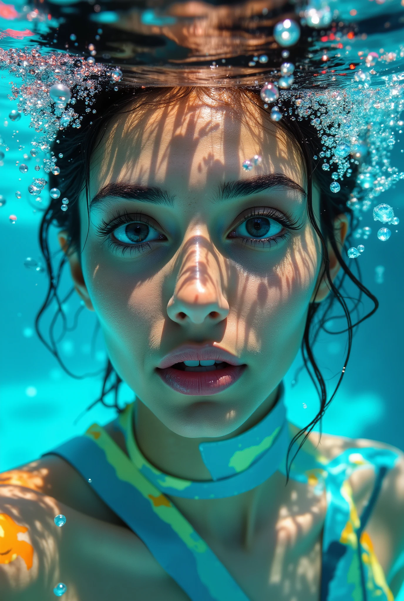 a (50% indian, 50% swedish) woman's face. bright colours. watercolour, close up, HD. She is fully submerged beneath the surface of the water. She is facing the viewer. (Fully submerged, underwater, action shot). desperation on her face. air bubbles rise the surface.
