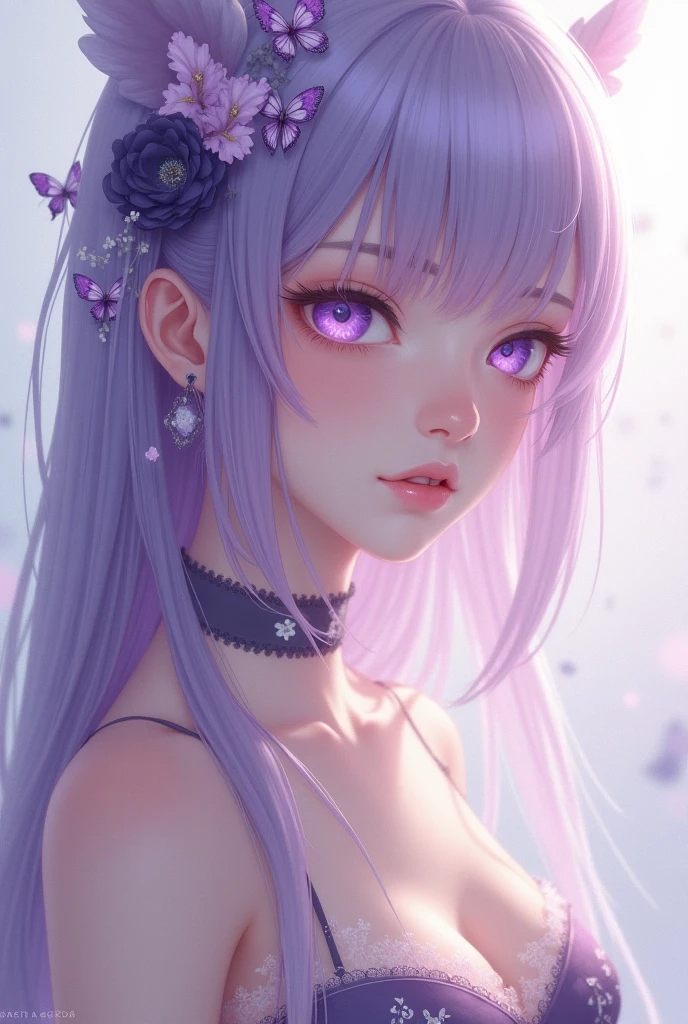 Close up of a smile with the corners of the mouth raised、Korea person、Korea person、Korea person、（shiny red eyes、Eye Gloss）、（open dark red shiny lips,,、lipgloss）、（bangss、Silver shiny bangs、hair gloss）、Beautiful 30 year old woman、dreamlikeart、Highly detailed airbrush art、intricate detailes、Volumetric lighting、(top-quality)、（The ultra-detailliert)、Highly detailed colorful details、(Irridescent color:1.2)、(Bright lighting)、Magical、dynamic compositions、Ray traching、The mirror reflects light、Shallow depth of field、ultra-detailliert、mixing  exposure、nffsw、Super masterpiece、vivd colour、colourfull、Rich colors、exquisitedetails、 (butterflys,Exquisite butterflies,Ultra CG), (High resolution:1.5)、Pink bodysuit
