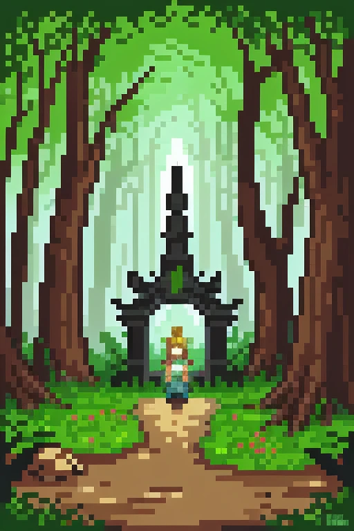Create a highly detailed pixel art scene inspired by classic dark fantasy RPGs. In this composition, an ethereal angel stands gracefully on the left side, her luminous wings shimmering with hints of gold and silver. Dressed in a flowing, intricately patterned robe, her gentle, contemplative expression and extended hand invite viewers to follow her calm, guiding light.
On the right side, balance the scene with a mystical woodland spirit—a graceful fusion of faun and nature sprite. Resting against an ancient oak, this character is adorned with delicate vines, scattered blossoms, and subtle hints of earthy attire. Its eyes radiate a quiet wisdom, complementing the angel's serene presence and reinforcing the harmony between celestial and earthly realms.
The enchanted forest setting unfolds behind them, featuring towering, gnarled trees whose dense canopy allows dappled, warm sunlight to create intricate, nostalgic shadows on a soft mossy floor. Scattered wildflowers, overgrown ferns, and a meandering brook enhance the sense of age and wonder. Faint outlines of forgotten ruins and weathered relics hint at bygone adventures, inviting further exploration of this magical realm.
Additional subtle details—such as a weathered stone bench tucked near a grand oak, tiny flickering fireflies, and the gentle murmur of the bubbling stream—contribute to an overall atmosphere of calm, reflective adventure. The entire scene is rendered in a retro, highly detailed pixel art style, with meticulous shading and warm lighting that evoke the nostalgic charm of classic dark fantasy RPGs.