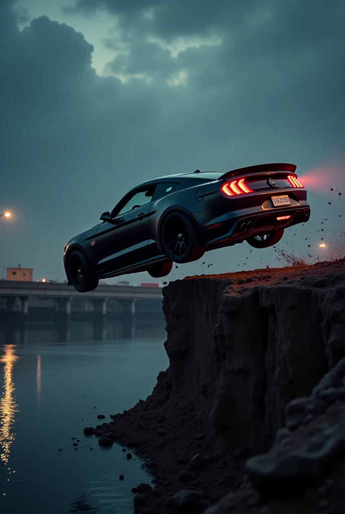 At night a matte black Mustang GT accelerates to the maximum and jumps off a semi-destroyed bridge, flying over a river while debris falls. The police car brakes sharply on the edge. Cinematic open shot. (blur in the Police Car)