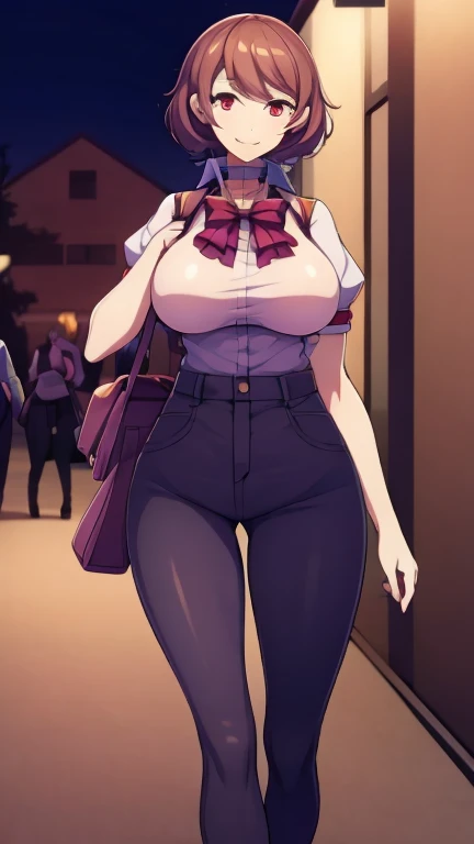slim lady, motherly latina, wavy hair, burgundy high ponytail ((medium)), forehead (sidelocks), smile (red lips), pink collar tee (long sleeves), thin hips, huge breasts ((gigantic breasts:1.1)), thighhighs, necktie, ((purple pencil skirt)), thigh highs (oily skin), city streets, porch (warm light) leans forward, looking at viewer, from front (facing camera), wide shot, (masterpiece, best quality)