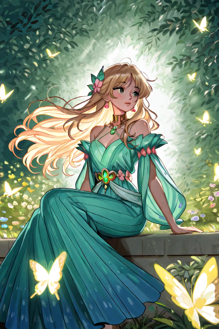 (absurdress, hight resolution, overdetalization), 1girl with long twintails yellow blond hair , bang ,white glasses , butterfly crown , blues glow eyes , wavy long smooth hair, beautiful detailed face , earrings , sitting in a field of green plants and flowers , her hand under her chin , stunning and gorgeous mature woman , warm lighting, wearing a Hogwarts uniform purple color , blurry foreground , black cat , Aura float deep purple glow diamond butterfly around , magic effect , Magic Staff , Vision Casting, Philosophical, Iconography, Divination by numbers, Popularity, an artistic, by Alphonse Mucha, sexuality , tarot