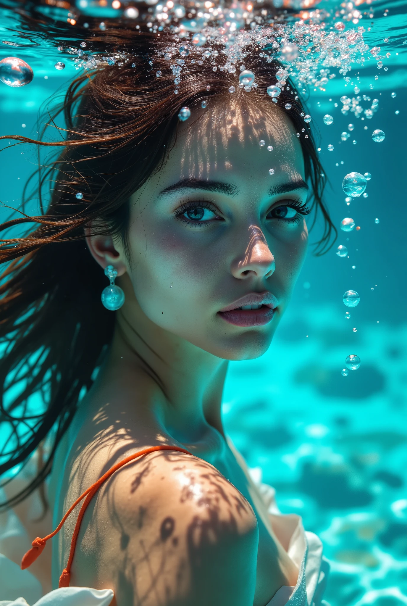 a (50% indian, 50% swedish) woman's face. bright colours. watercolour, close up, HD. She is fully submerged beneath the surface of the water. She is facing the viewer.  (Fully submerged, underwater, action shot). desperation on her face. air bubbles rise the surface.