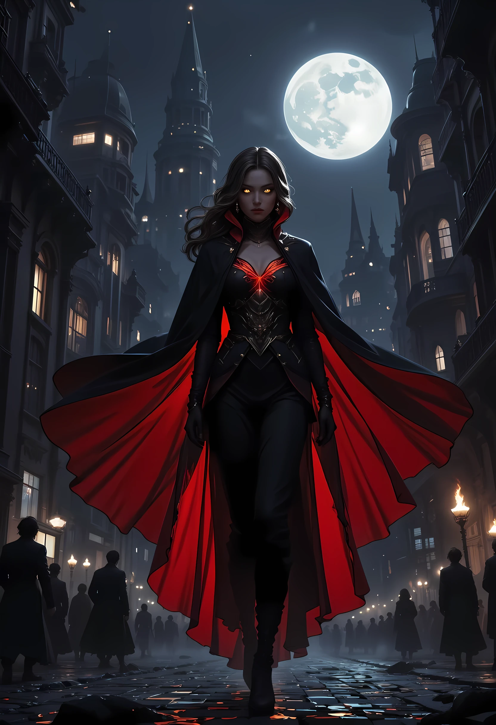 comic art, fantasy art, RPG art, ultra wide shot, a picture of a vampire queen walking in a windy day, in the big city, a beautiful mature vampire queen, elegant vampire, glowing eyes, dynamic hair color, dynamic hair style, wearing transparent voile dress,  billowing in the wind, flowing red cloak, high heels,  standing in goth city at night, windy night, goth buildings, lit by torches, moon in the sky, 16k, [ultra detailed], masterpiece, best quality, (ultra detailed), full body, ultra wide shot, zavy-ctcmcs, invert color