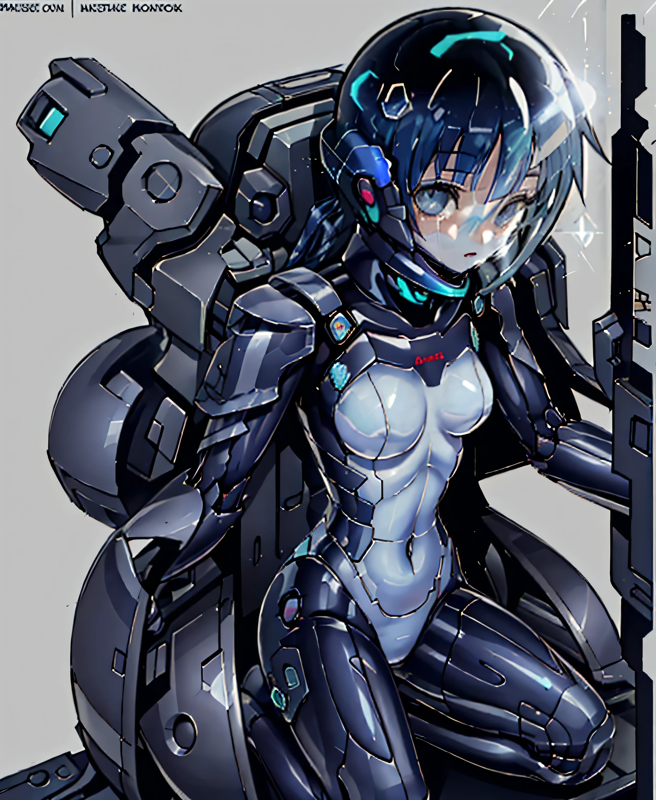 blue hair、masterpiece、Best Quality、detailed face、sparkling eyes、1 girl、medium breasts、((album cover))、light on face、Slender Body、 blue costume on the chest、exoskeleton、Metal Gear、cyberpunk style、Gundam Pilot、helmet、Kneel,white background