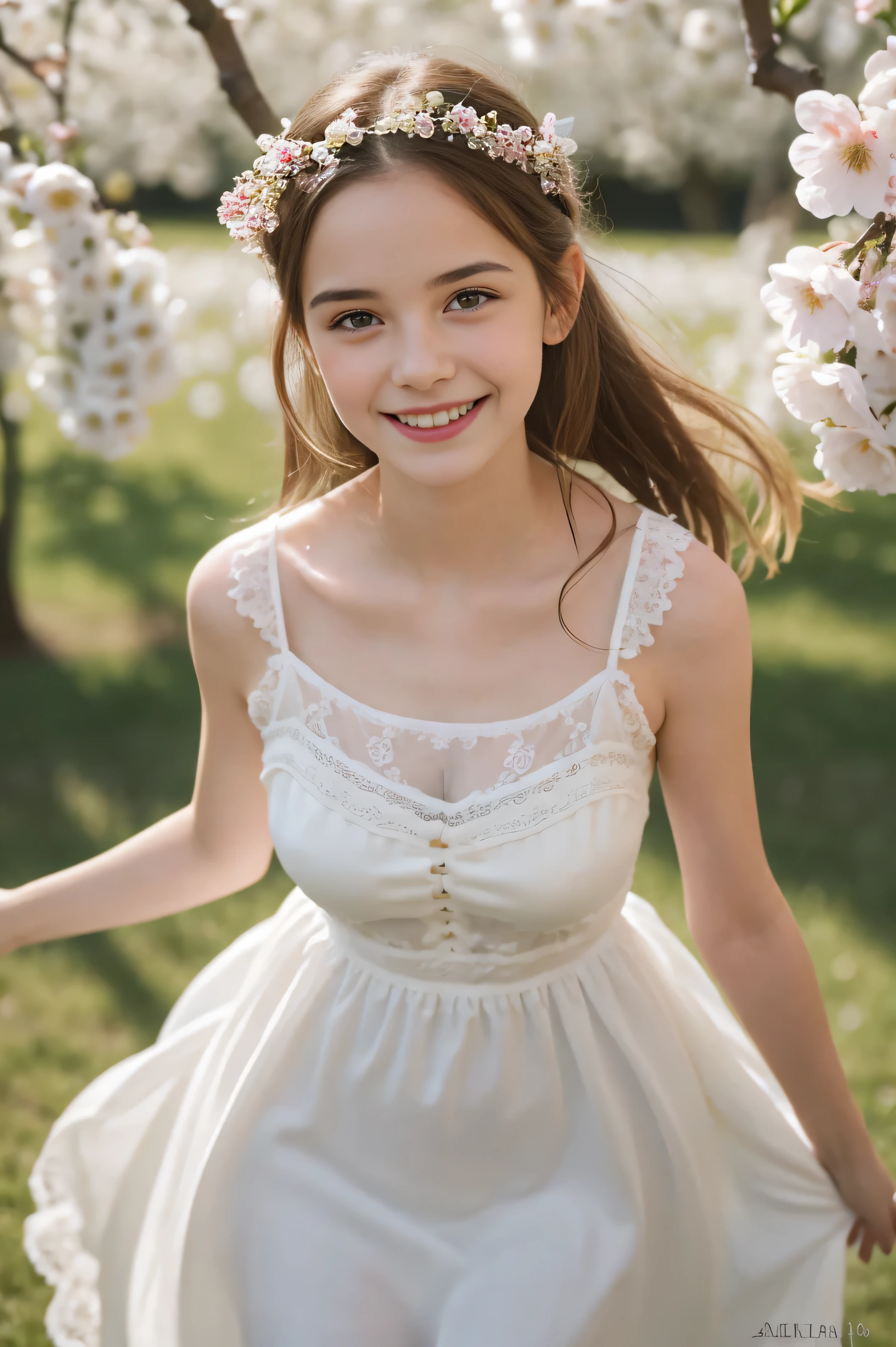 Imagine a scene for a photoshoot featuring a young 18-year-old girl with bright blonde hair. She is dressed in a light, airy dress in a pastel shade that gently wraps around her figure, highlighting the youth and elegance of her silhouette. The dress has thin straps and a softly flared hem that barely touches the ground with each movement.
playful look at the viewer, happiness, smile, delicate facial features, beautiful eyes, cheerfulness, realism, attention to detail
The scene is set against the backdrop of an overgrown, ancient garden in the soft light of sunset. Sunbeams pierce through the lush crowns of trees, creating a play of light and shadow on the girl's face and her dress. In her hair, there are delicate decorations in the form of small flowers or shimmering stones, adding a touch of magic to her look.
The girl's face expresses calmness and thoughtfulness. Her gaze is directed far beyond the frame, creating a sense of anticipation or dreaminess. Her eyes are highlighted with light makeup that accentuates their color and depth. On her lips is a light gloss, adding freshness to the look.
Her pose is natural and relaxed. With one hand, she might gently touch the petals of a flower or run her fingers through the fabric of her dress, while the other hand is freely lowered along her body. This adds an air of ease and casualness to the image.
The camera's focus is not only on the girl but also on the surrounding nature, which becomes an integral part of the composition. The angles can vary: from close-ups that focus on details and emotions to wide shots where the figure of the girl harmoniously fits into the landscape.