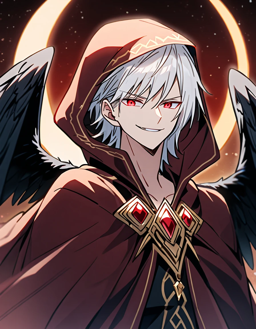 ((Masterpiece, highest quality)), detailed face, full of details, highly detailed, depth, many parts, 1boy, young male, red eyes, ((dark skin)), black wings, angel wings, fire, black pants, red hooded jacket, long sleeves, hood on head, wearing hood, short blonde hair, smirk