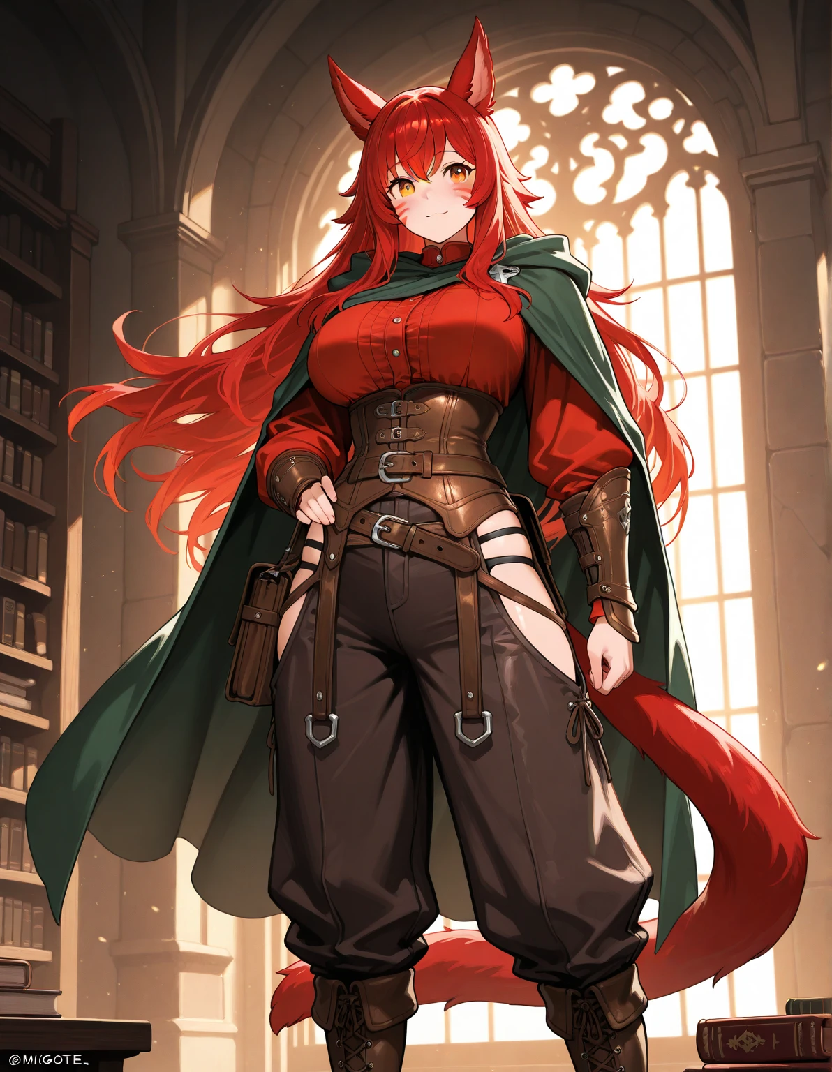 Masterpiece, Anatomically Correct, cinematic lighting, girl, cute, orange very long hair, miqote, miqote ears, amber eyes, miqote tail, red miqote claw mark face paint, leather armor adventurer clothing, undersized bright red blouse, large breasts, cloak, books and satchels strapped to waist, dark baggy pants, tall boots, leathet bracers, leather waist belt, 