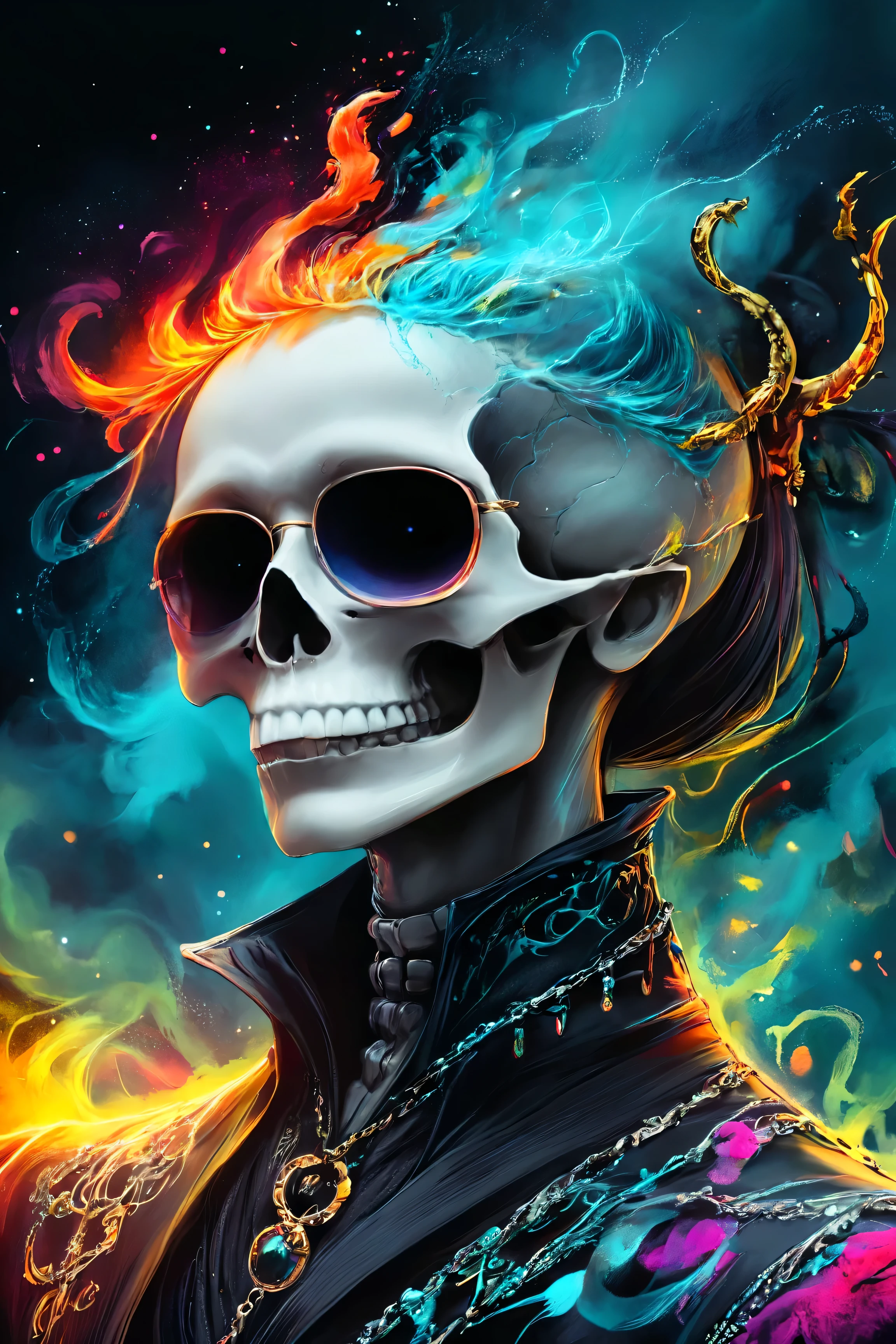 ((HALF PERSON)), A striking portrait, rendered in the style of Epic Splatter Art and Alcohol Ink, depicting a model with an otherworldly aesthetic. The model, appearing to be a young adult of mixed ethnicity with dark, expressive eyes, wears oversized, circular sunglasses featuring meticulously detailed celestial motifs—stars and a crescent moon etched onto the lenses. Their face is partially obscured by a swirling, smoky ghost image rendered in vibrant, contrasting alcohol inks, creating a mysterious and ethereal effect. The skull, a key element in the composition, is painted with an array of unusual, almost iridescent colors, enhancing the fantastical quality. Colored smoke billows around the model's head and shoulders, adding to the dynamic and chaotic energy of the piece. The background is a stark contrast of dark, deep blacks and rich, saturated colors, complementing the skull’s striking hues and the model's enigmatic expression. The composition is close-up, slightly off-center, creating an intimate yet dramatic viewing experience. The texture is rough and highly detailed, emphasizing the splatter and ink effects. The lighting is dramatic, with spotlights highlighting the skull and sunglasses, casting dramatic shadows to accentuate the smoky ghost effect. The overall mood is one of mystical intrigue and powerful energy; a blend of darkness and light, creating a captivating and unforgettable image. The style evokes the boldness of expressionism blended with the ethereal qualities of surrealism. Wide angle lens perspective.