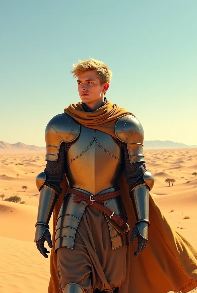 Portrait of 1man, muscular, Caucasian, tanned skin, blond hair, blue eyes, wearing late 18th century US naval officer uniform, navy blue pants, navy blue jacket with two rows of gold buttons, in red sand desert, two moons, dusky orange sky, dramatic stance, looking at viewer, bokeh, raytracing, realistic textured skin, particle effects, depth of field