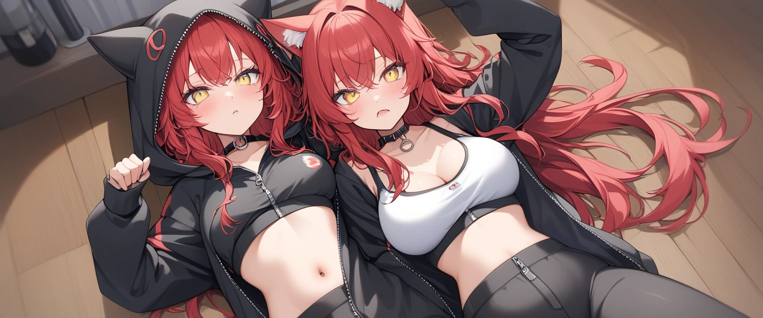 The best masterpiece、high resolution、Wolf Girl, Large Breasts, Voluminous, messy, light red hair, masterpiece , Red eyes, hd, Head to Chest, Put in your chest、 tooth、Double teeth,, On the bed、Thick thighs、Grinning、Knitted sports bra、、Big Tits、Open your mouth、Jacket、