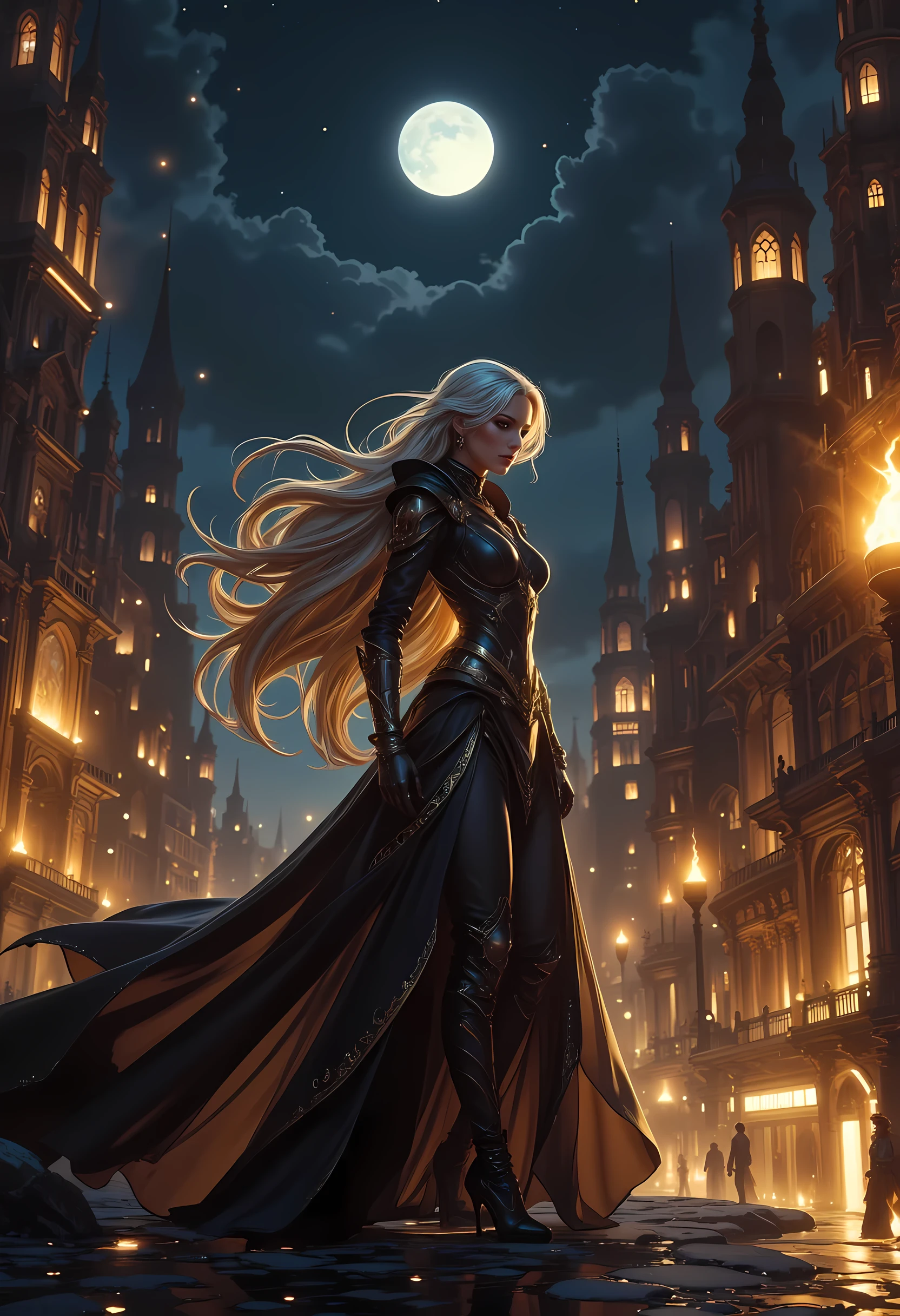 comic art, fantasy art, RPG art, ultra wide shot, a picture of a vampire queen walking in a windy day, in the big city, a beautiful mature vampire queen, elegant vampire, glowing eyes, dynamic hair color, dynamic hair style, wearing transparent voile fabric dress,  billowing in the wind, flowing red cloak, high heels,  standing in goth city at night, windy night, goth buildings, lit by torches, moon in the sky, 16k, [ultra detailed], masterpiece, best quality, (ultra detailed), full body, ultra wide shot, zavy-ctcmcs, invert color