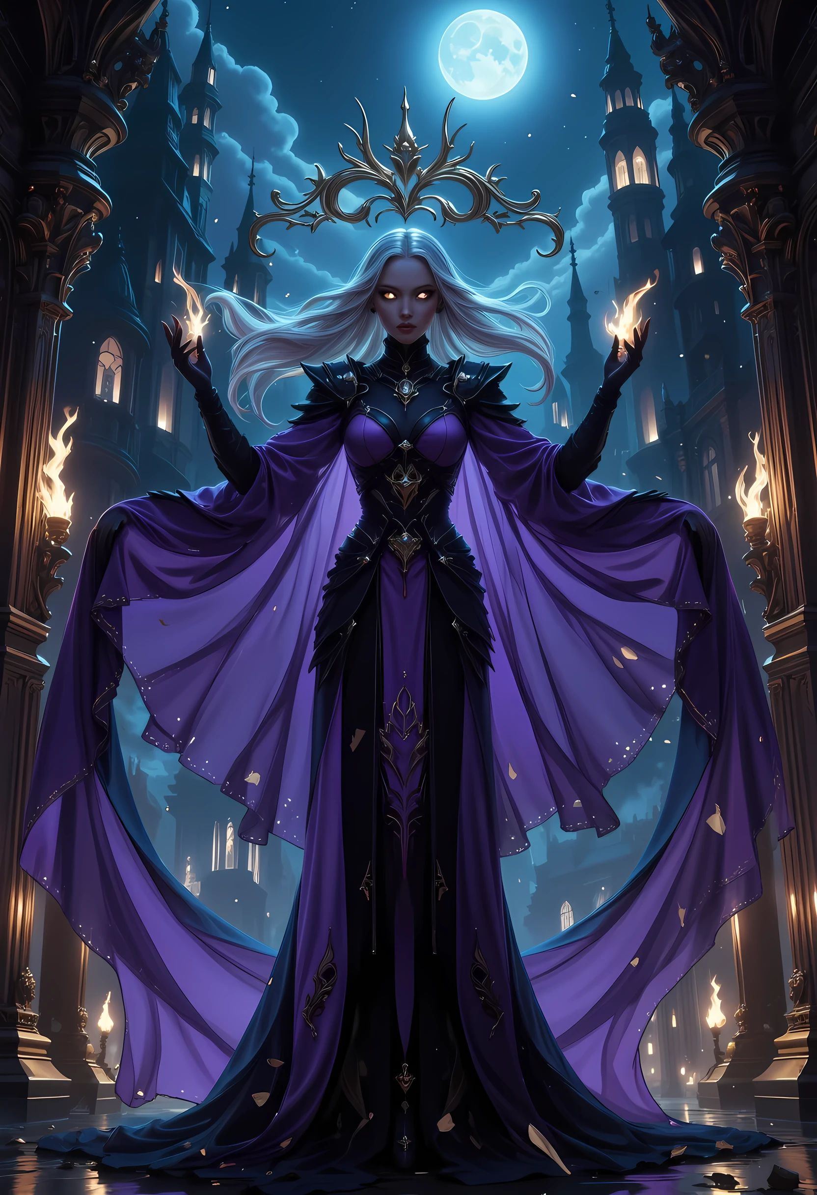 comic art, fantasy art, RPG art, ultra wide shot, a picture of a vampire queen walking in a windy day, in the big city, a beautiful mature vampire queen, elegant vampire, glowing eyes, dynamic hair color, dynamic hair style, wearing transparent voile fabric dress,  billowing in the wind, flowing red cloak, high heels,  standing in goth city at night, windy night, goth buildings, lit by torches, moon in the sky, 16k, [ultra detailed], masterpiece, best quality, (ultra detailed), full body, ultra wide shot, zavy-ctcmcs, invert color