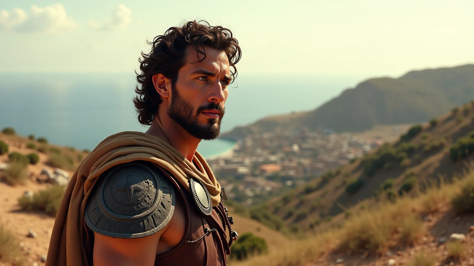 Portrait of a Roman male gladiator at rest, (Paintings by Gaston Bussières, Greg Rutkowski, Ilya Repin, Joseph von Brandt, Oil on canvas, Talked about at the art station, Featured on Pixiv, Structure of the film, Very detailed, Metahuman Creator, Spectacular Background), Mediterranean landscape, Close-up shot, Detailed face, Exquisite clothing details