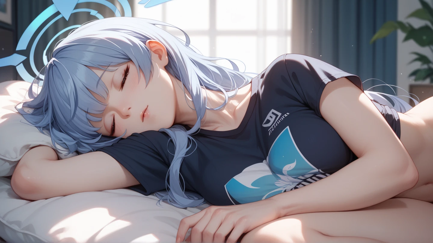 Ultra-high image quality,Look at viewers, hands behind back, girl with, 20 years old, Very short hair, long bangs between eyes, pale blue eyes, Hoodie, Skirt , Blue sky, Sunlight, Extremely detailed,(masterpiece、top-quality)、独奏、White hair、A smile、White skin as clear as snow、Fantastical, Silver hair, Black eyes, Beautiful eyes,, Ecstasy, charmed, be smitten with audience, Hoodie, White hoodie,a black skirt,Hair is short,look down from above,inside in room,on the beds,Western-style room