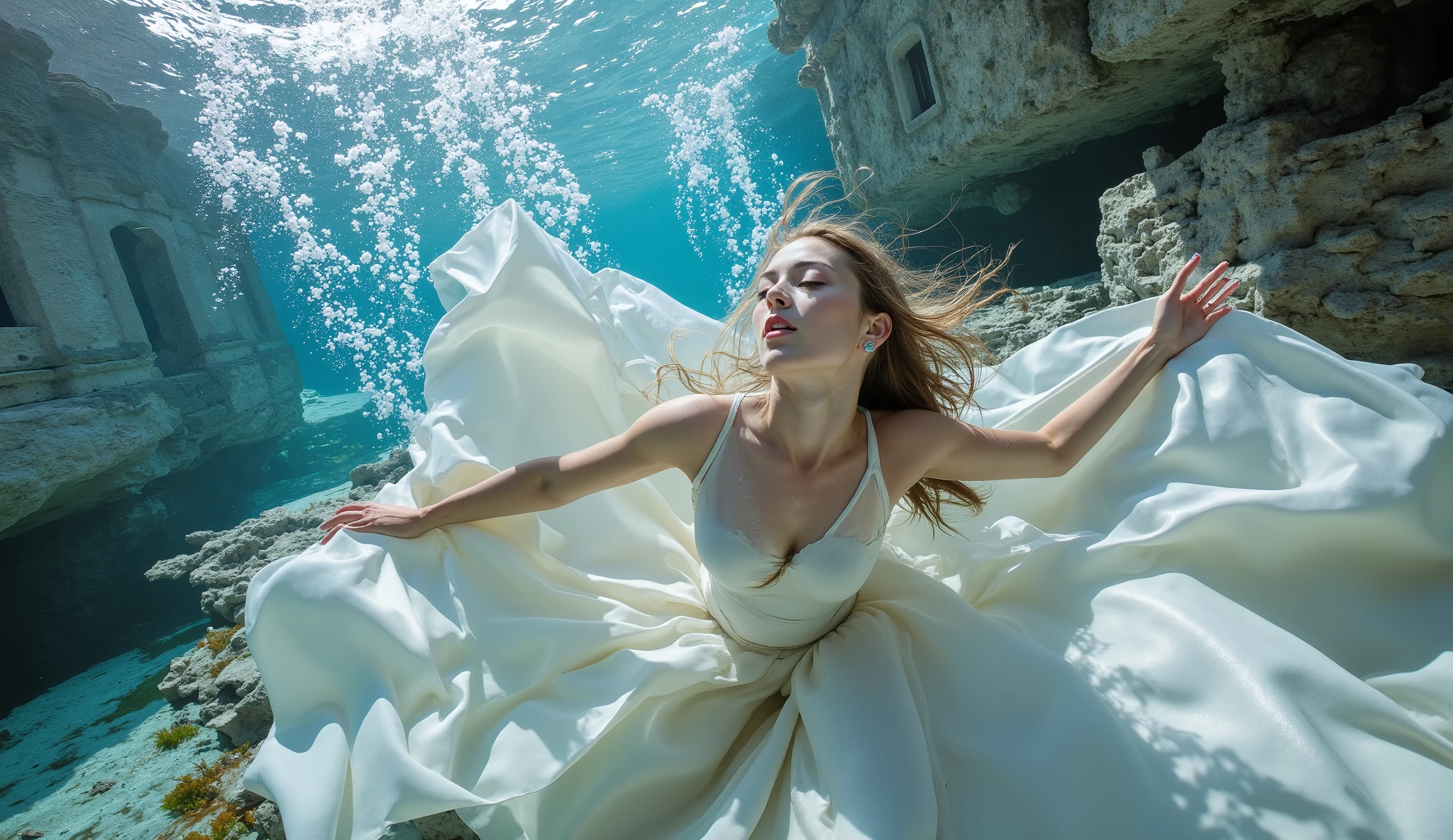 high-definition underwater image. woman of mixed heritage — 50% Indian, 50% Swedish — fully submerged beneath the surface, swimming gracefully through the sunken city of Matera. The ancient Sassi di Matera, with their iconic tuff-stone walls, narrow alleyways, and arched doorways, lie deep underwater, transformed into an ethereal, haunting landscape.
wearing a large white floating dress. sassi_di_matera in background.
The woman moves like a frog, caught mid-swim, her body extended in motion, as if gliding silently past the submerged architecture. Her skin has a natural golden-brown hue, glowing softly in the filtered light. long hair floats in the water, streaming behind her in weightless strands. wide-eyes, full of desperation and longing, as bubbles of air escape from her lips, rising toward the shimmering surface above.
She faces the viewer directly, drawing them into her emotional world. Her face is expressive, caught in a moment of silent cry — a mixture of awe, urgency, and quiet struggle. Her hands are perfect, tense but elegant, slightly reaching forward as she swims, adding to the emotional dynamism of the image.
The entire scene is bathed in bright, surreal underwater light, with sunbeams piercing from above and dancing across the ruins. The colors are vivid, in watercolor style, blending soft blues, aquamarines, warm ochres, and muted greens from the stone. Everything is fluid and dreamlike, but sharp in anatomical detail and composition.
This is an underwater action shot, a fusion of natural beauty and emotional depth. Her motion leaves a gentle trail behind her, a sense of time suspended in water. The ancient city around her feels both sacred and lost, its stones whispering forgotten stories as she passes.
Highly detailed, photorealistic, cinematic composition, watercolor aesthetic, vivid colors, sharp anatomy, dramatic underwater lighting, emotional expression, artistic brilliance. --ar 592:1024 --style raw --v 6 --quality 2 --stylize 1000