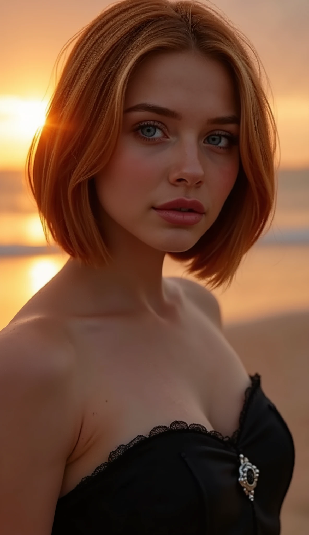 🌟 quality & silent: whole head down to below the chest, three sided view, masterpiece, 8k, ultra high resolution, Gothic art, very detailed, natural lighting, SLR lighting, SLR camera , Fujifilm XT3, film grain, Sharp concentration, perfect lighting. 🌌 Scene & background: different backgrounds: A romantic sunset on the beach, with warm,  golden hues . A dark, mysterious forest with moonlight, that falls through the trees. A luxurious bedroom with candlelight and silky curtains. Ein urbaner background mit Neonlichtern und regennassen Straßen. 😈 model & Styling:  wild young girl, Fiery red hair, various hairstyles such as smooth shiny bob haircut, which in various Poses fall loose or styled are,  and bright blue eyes , glowing blue eyes, She is wearing a lightweight, silk corset with deep neckline. 🔥 Pose & Mood: Different poses ( direct ,  front,  looking to the side ) and angle of view (from the side, from above, from below), Different sensual facial expressions:  she looks directly at the camera , with a seductive smile and half-closed eyes. She opens her lips slightly, with a playful and tempting look. She tilts her head slightly to the side, with a dreamy and sensual expression. She looks over her shoulder, with a mysterious and intense look. Die Mood ist sinnlich, seductive and full of emotions. 💋 