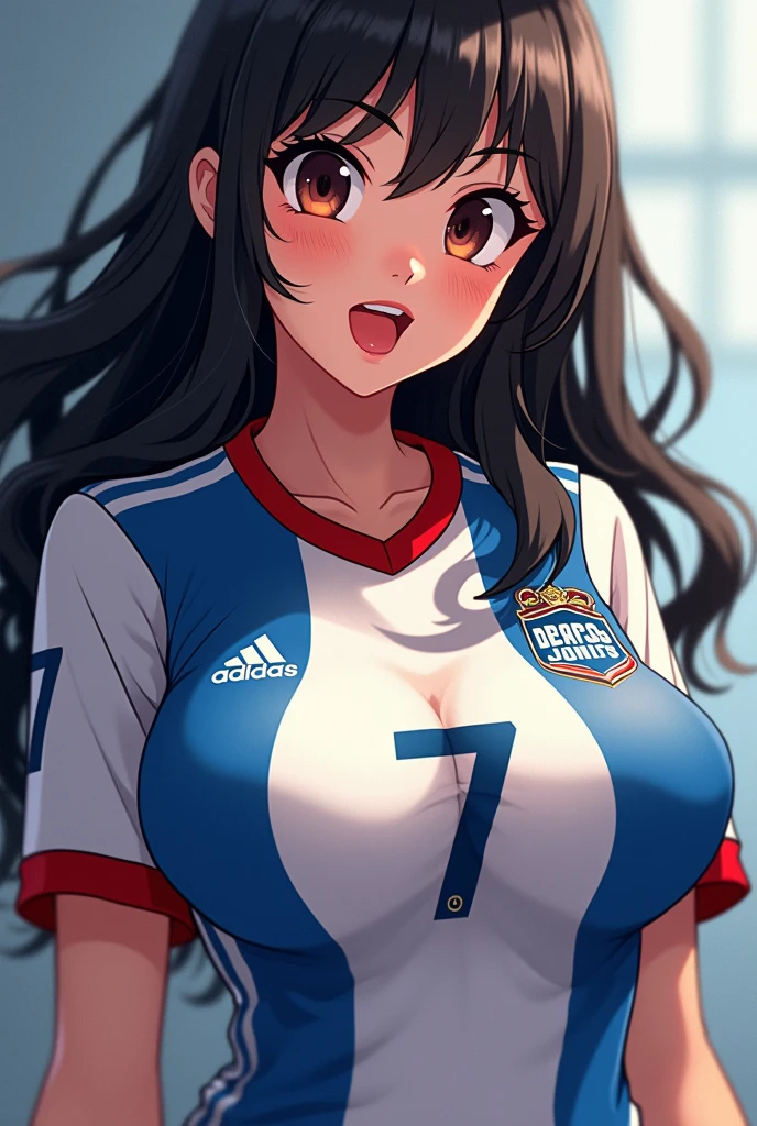 1girl,masterpiece,beautiful,realistic,(super huge fake breast:1.1),wearing a (Argentina sport wear) wear, located by the Livingroom, (W cup Breast),sitting on the chair,photoshoot,plain background random color,facing forward,looking at the audience,plain random color walls,smiling,sit up straight,behind the girl there is nothing,