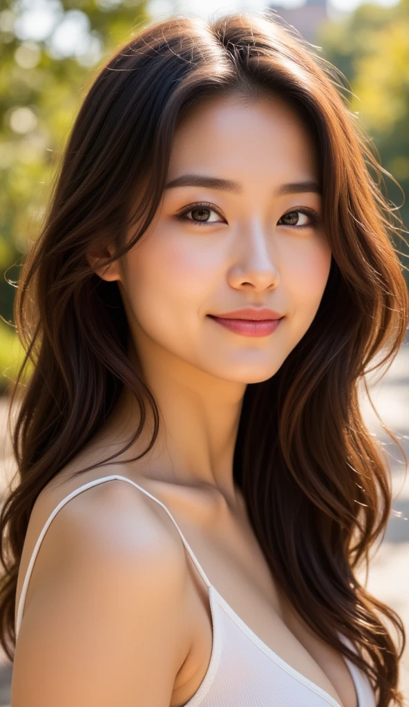 30 years old、Japanese women, (She is wearing a sleeveless top with a low V-neck:1.2),( Sheer blouse:1.0),(RAW Photos, Highest quality), (Realistic, photo-Realistic:1.4), masterpiece, Very delicate and beautiful, Very detailed, 2k wallpaper, wonderful, In detail, Very detailed CG unity 8k wallpaper, Very detailed, High resolution, Soft Light, Beautiful detailed girl, Very detailed eyes and face, Beautiful and detailed nose, Beautiful attention to detail,Cinema Lighting,Clear blue sky, coastline, The cape is visible in the distance, Perfect Anatomy, Slender body, smile,(Fashionable hairstyles: 1.3),Emphasizing women's bust、sexy