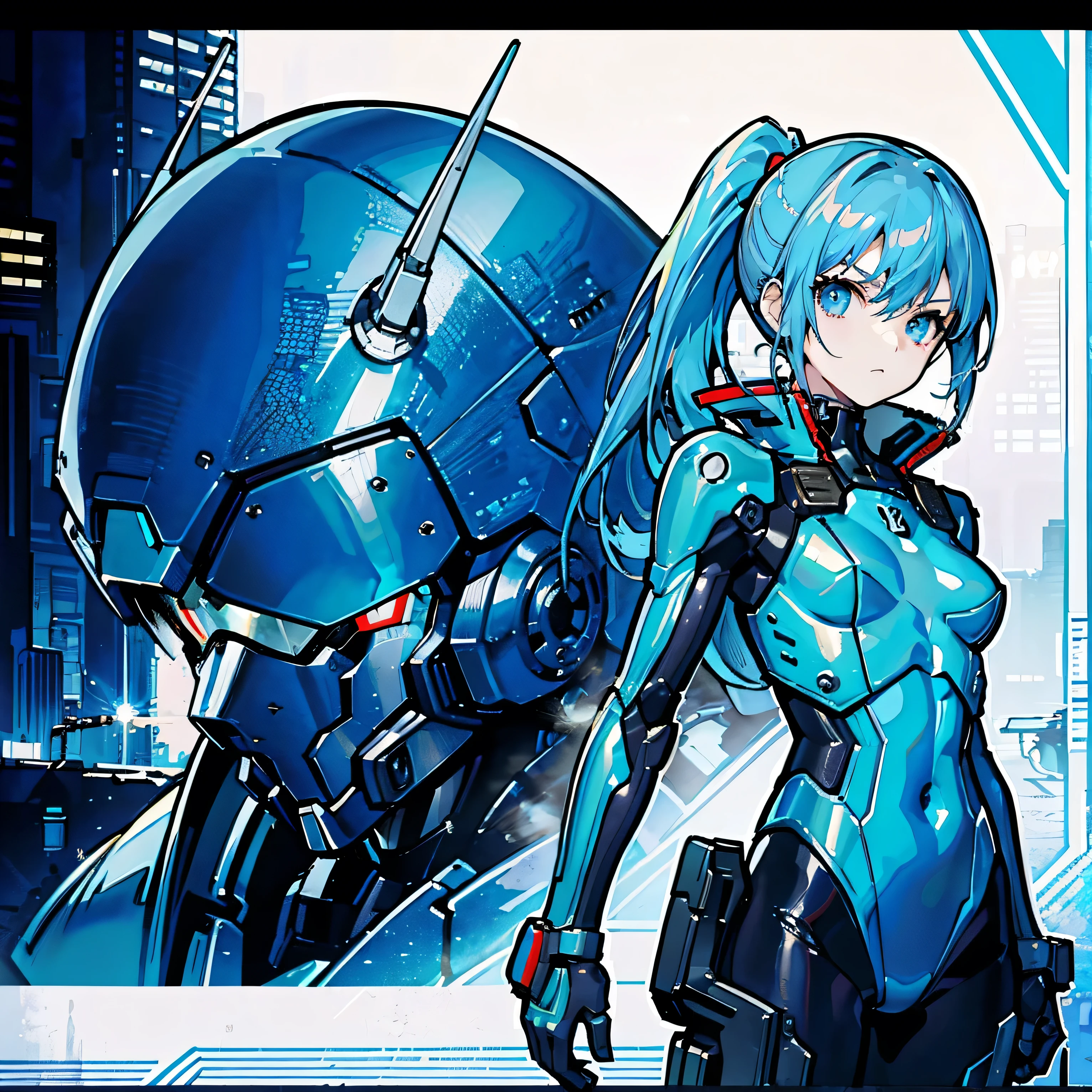 Blue Hair、Masterpiece、Best Quality、1 girl、Medium breast、((Album cover))、Light on Face、Slim Body、Blue Costume、Exoskeleton、metal Gear、Cyberpunk Style、ponytail、The Gundam pilot、attention arousal,Ride a fighter