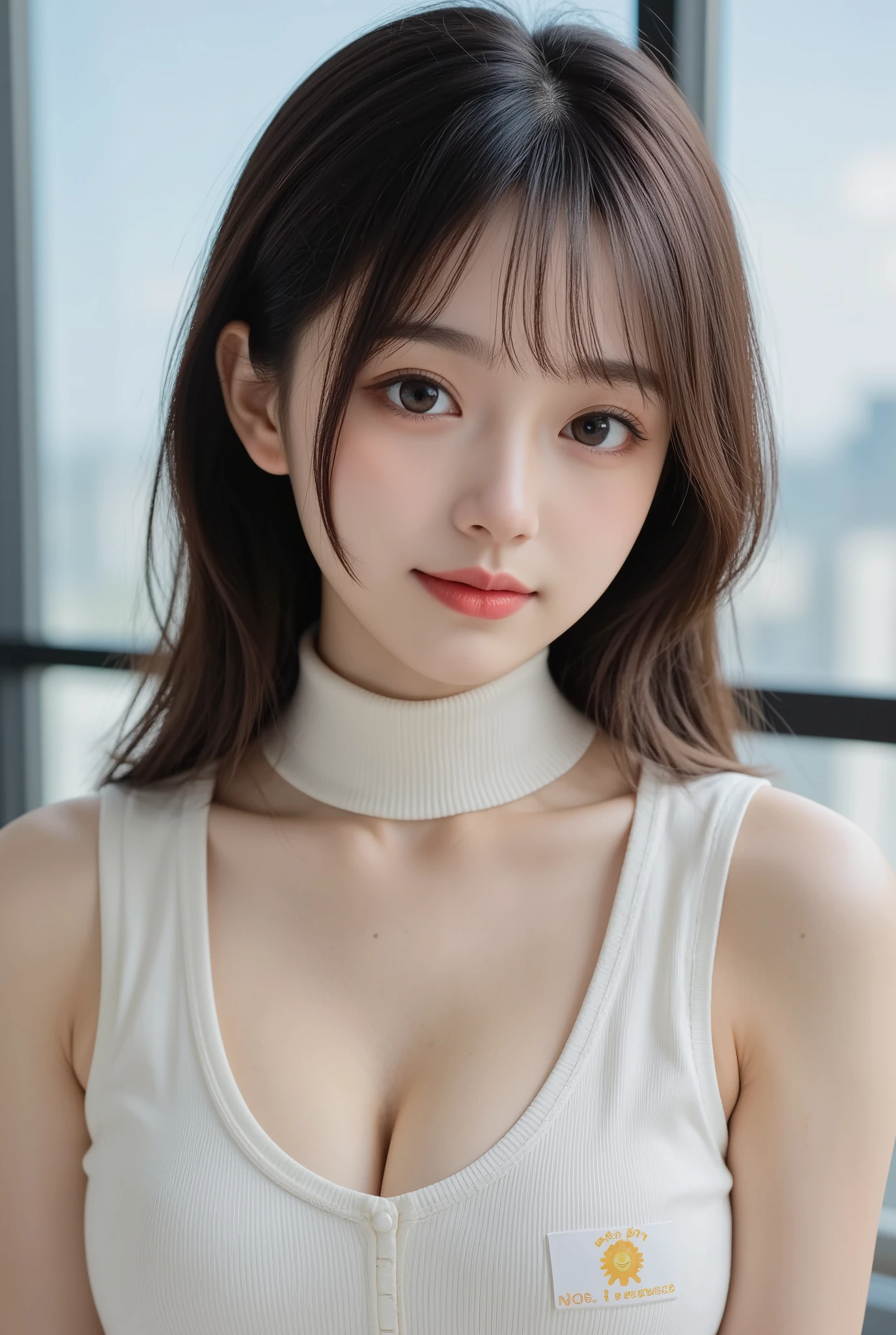 finely detail, hight resolution, hightquality、Perfect dynamic composition, Beautiful detailed eyes, Medium Hair, small tits、Natural Color Lip,Kamimei、Shibuya、18 years girl、1 persons、Transparent skin、Glowing hair、masutepiece, Best Quality, Illustration, Ultra-detailed, finely detail, hight resolution, 8K、The correct state of the human body、Randomly cute poses,Ponytail hair,beauty legs,Perfect beautiful face,KPOP Idol Face,Face that feels ecstasy,Pale pale beige knitted dress,Background blur,Do Guts Pose, Large Breasts, Slim Body,