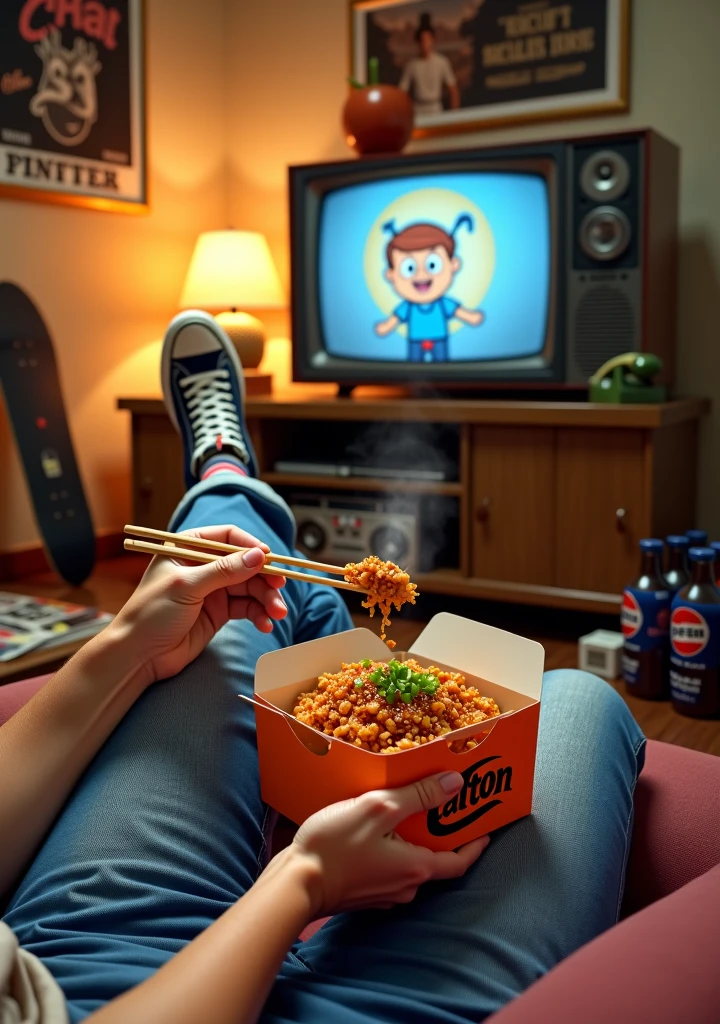 Create a nostalgic collage-style image representing childhood memories from the past. The image should include several scenes:
A young boy or girl eating a bologna sandwich and drinking Pepsi from a can.
A retro TV set with rabbit-ear antennas displaying one of three available channels