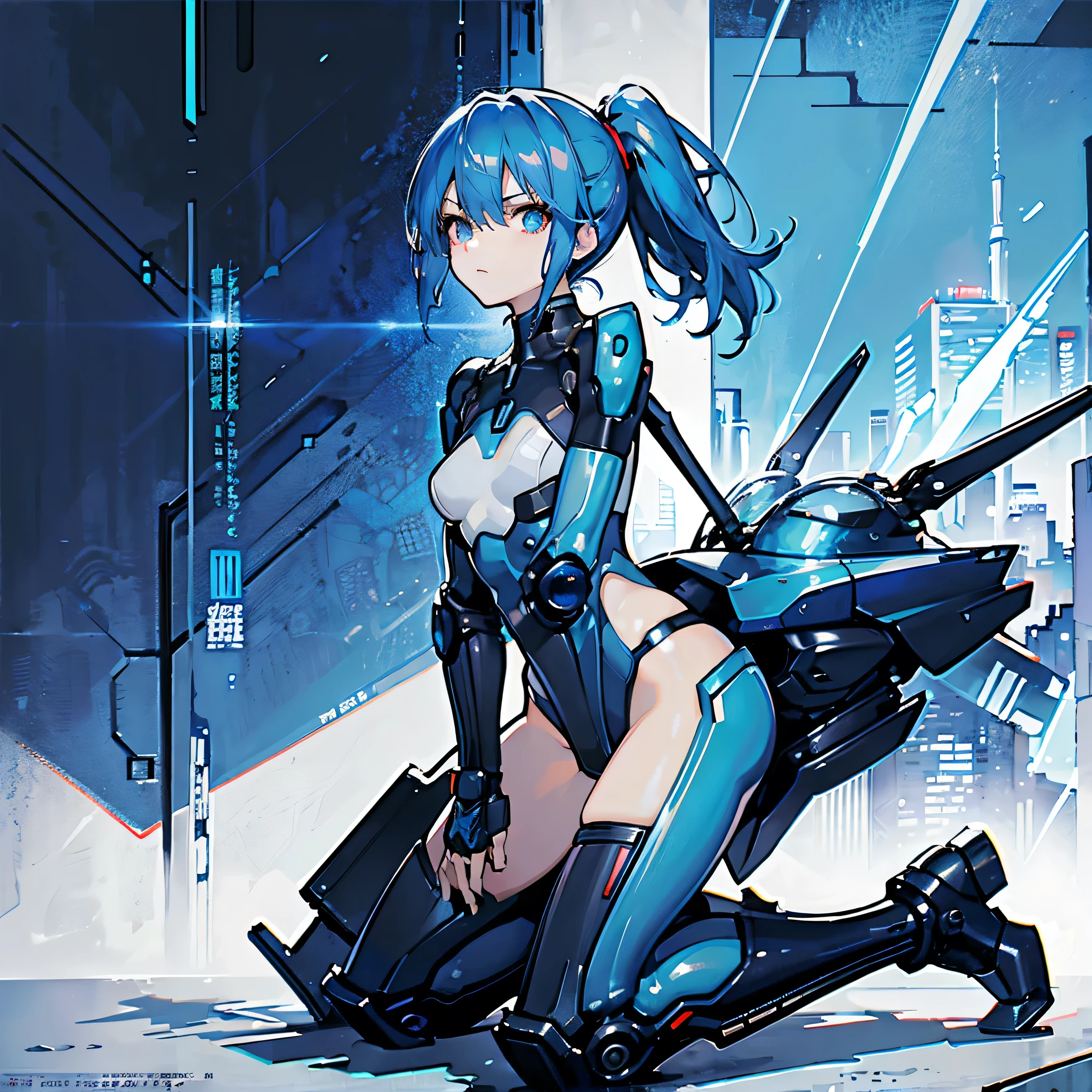 View from below angle from below girl mecha half cyborg, modifications, She has a curvy figure but a narrow waist., she has long blue hair, with blue eyes, with a gas mask on his face, cybernetic suit blue, costume parts with blue lights and LEDs, a multitude of glowing blue lines and lights, hands prosthetics, gorgeous body, short sports shorts that highlight her big wide hips, but it is covered by a mechanical suit, flat horizon photo, anime style pictures, на backgroundе изображения синее небо, clouds and lights and glare in large quantities, and also blue fog and smoke , background: blue sky with clouds