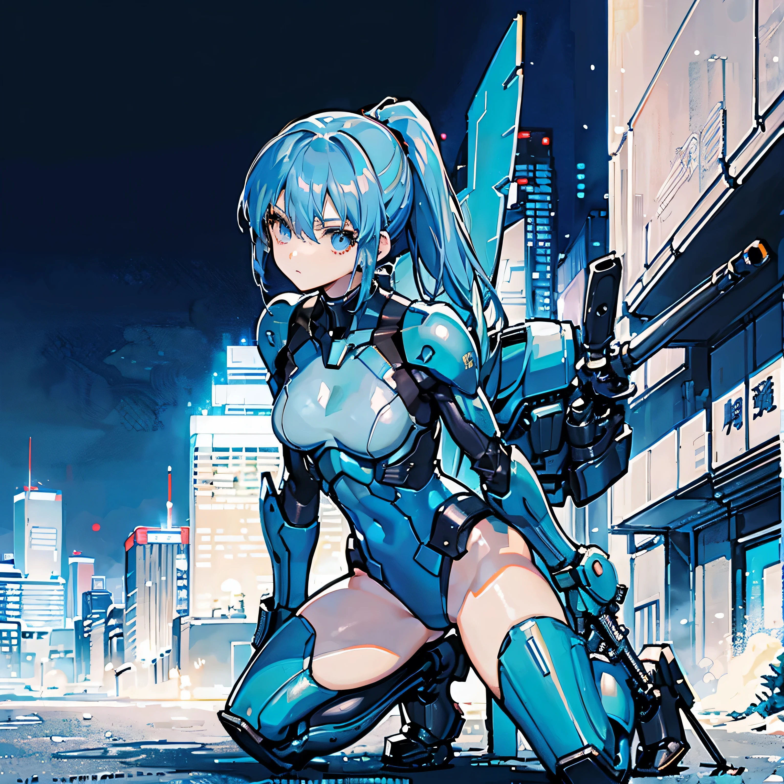 Blue Hair、Masterpiece、Best Quality、1 girl、Medium breast、((Album cover))、Light on Face、Slim Body、Blue Costume、Exoskeleton、metal Gear、Cyberpunk Style、ponytail、The Gundam pilot、attention arousal,Ride a fighter