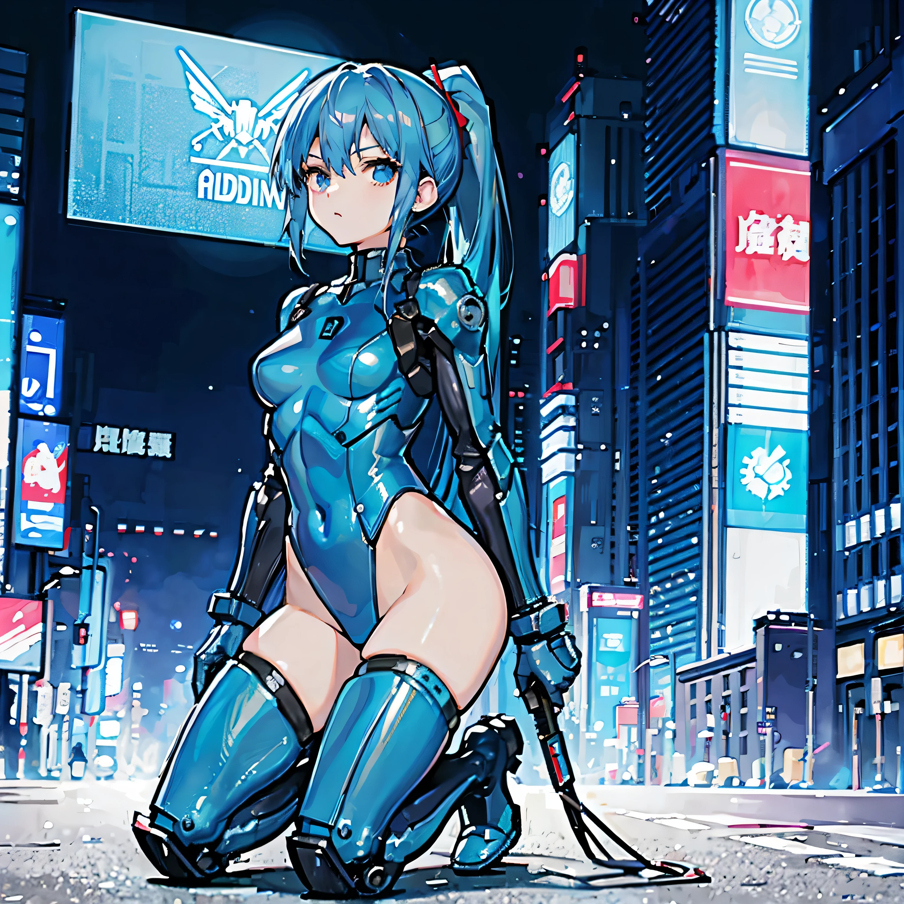8K、top-quality、An ultra-high picture quality、ultra-detailliert、Ultra-realistic flesh feeling、full bodyesbian、A sexy、Kunoichi、Beauty in the rain、ripped clothing、Less fabric area、Looking at the camera、Long blue hair ponytail、shinny skin、Very gigantic-breasts、ample breasts、Breasts that are about to spill、extremely big ass、shinny skin 、The background is a cyberpunk rainy night cityscape --auto --s2
