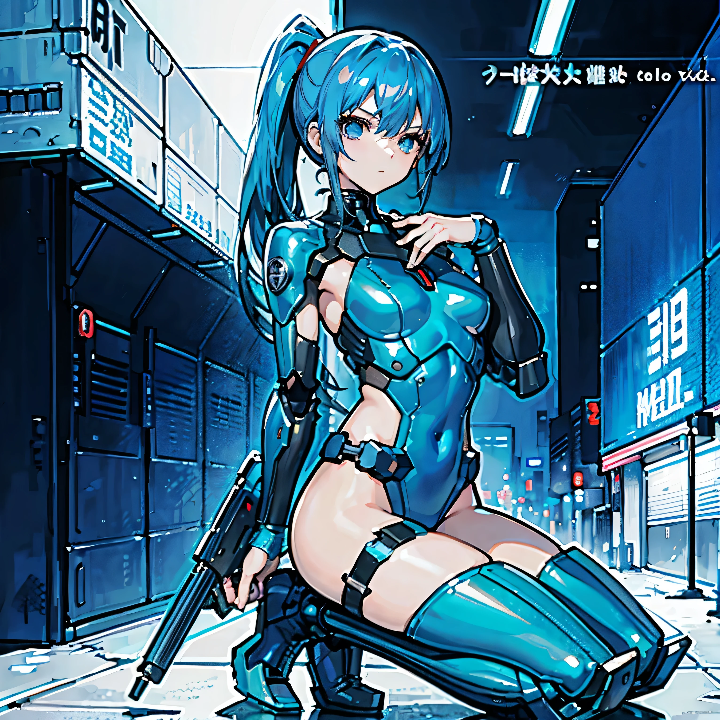nffsw(HighDynamicRange),Ray traching,PBR Texturing,Anisotropy Filtering,depth of fields、tits out、Cyborg Woman, machinery suit、独奏, Neon light, cyberpunked、Cyberpunk、cleavage of the breast、Top image quality、Erotic Woman、Muscle exposure、Katyusha、rocket launcher、big weapon、profile、sideways Facing、Blue hair bob、Blue hair、full body Esbian、９Head and body、Raw feet、The tattoo、tribal