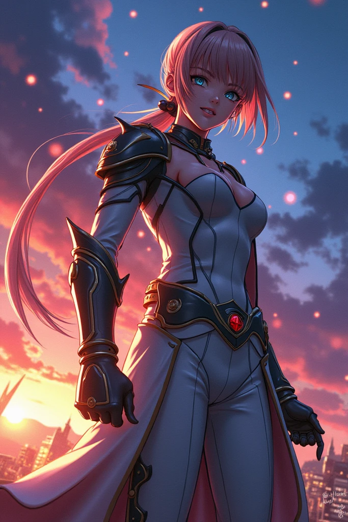 (best quality,highres:1.2), detailed fantasy art,serious expression, robot-like eyes, long black hair, evil smile, fighting stance, milim de tensei shitara slime datta ken, el cabello es rosa, los ojos son de robot, detailed fantasy art, postura de lucha, cuerpo completo, fuego alrededor, It&#39;s night and there is lightning in the sky, milim tiene un aura de dios, red lens flare