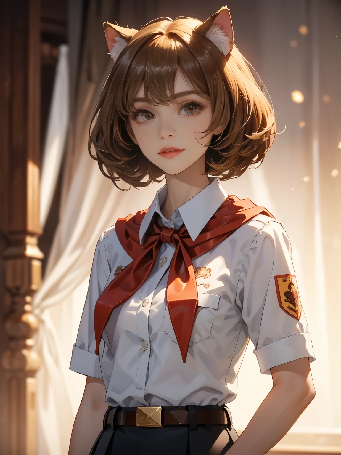 very young slim fit girl, full height, rounded face, (short straight disheveled light brown hair:1.3), big brown eyes, shy smile, perfect small breast, band on head with fake cat ears, pioneer neckerchief, short tight blue pleated skirt, bangs, tight white shirt, short sleeves, collared shirt, belt, (red neckerchief:1.3), breast pocket, solo, shy smile, Standing at attention, dynamic pose, clear light skin, 8k wallpaper, perfect lighting, masterpiece, lens flare, vibrant color