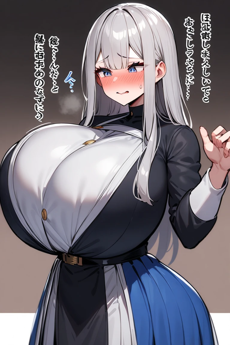 ((Best Quality)), ((masterpiece)), (detailed), 1 girl, short white hair, black locks, black eyes, cow ears, cow horns, big breasts, big thighs, cow tail, expression smiling, long tight blue dungarees pants, White T-shirt, bell necklace, short black gloves, at home, looking at the viewer, view from behind, backward
