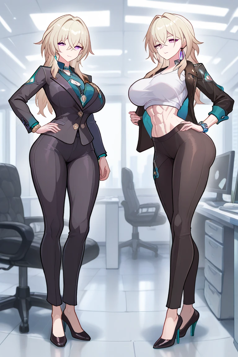 ((best quality)), ((4k)), ((highres)), ((masterpiece:1.2)). ((detailed)), ((ultra realistic)), ((intricate details)), ((full body picture)), ((character design sheet)), ((blank background)), ((standing in a blank background)), a full body shot of a female office lady, muscular woman, muscular arms, mucular legs, about 5'6 tall, about 25 years old, dressed in a all black office outfit