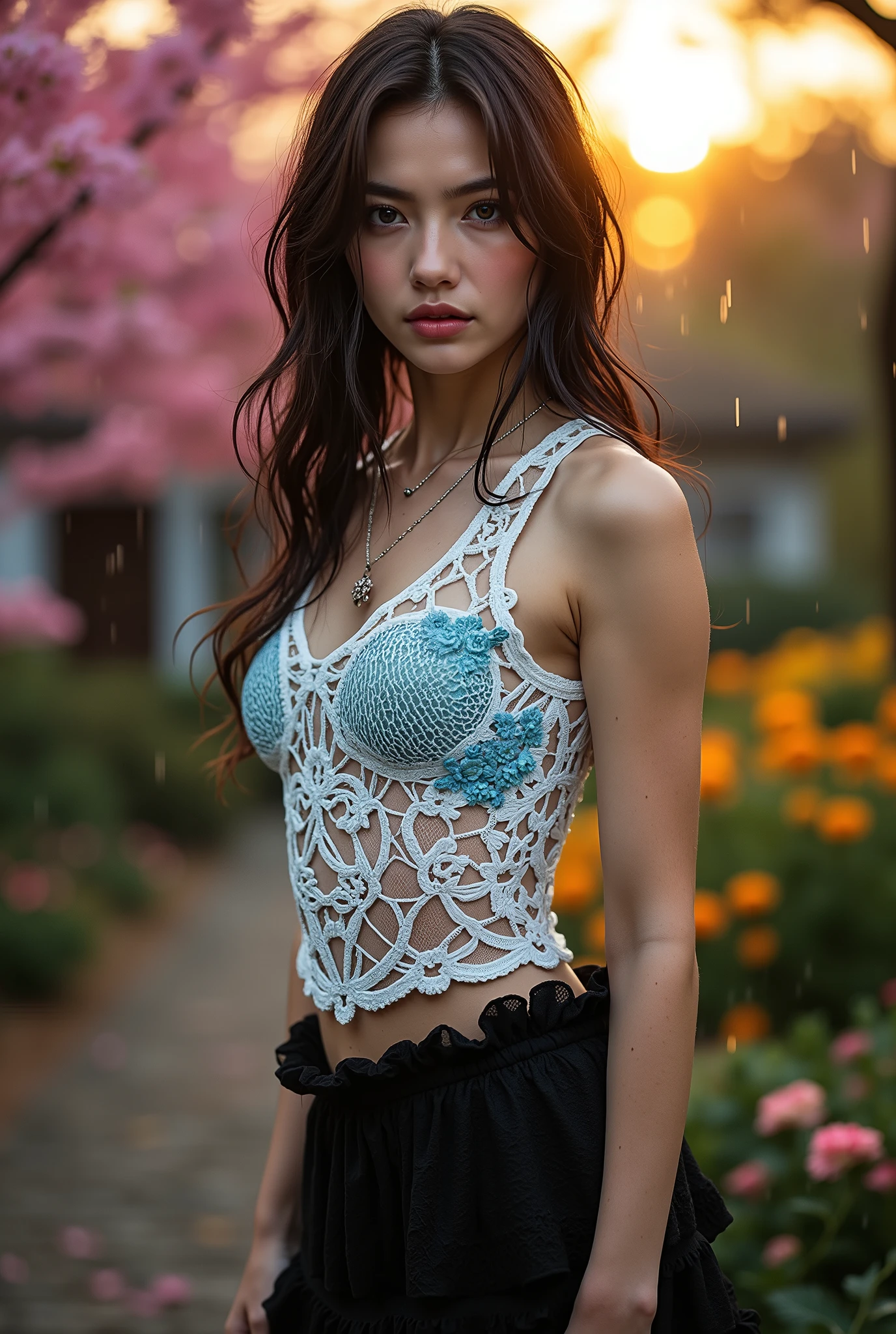 [Style: - "8k, masterpiece, realistic, Photorealistic realism, Hyper high resolution" - "highest quality,intricate ultra-detailed digital art"] (Key Directive: "Ultra-sharp human eyes with biological accuracy"){ Character: "20-year-old Caucasian woman" | Face: - "symmetrical pale skin (subsurface scattering:1.3), (vertical lip wrinkles:0.7)" - "Eyes: (acid-resistant terminology) (macro-details:1.5): Moist corneal surface (visible aqueous layer:1.2) Hyper-detailed iris stroma (brown with gold flecks) Precise limbal ring (slightly darker pigmentation:1.1) Pupil micro-texture (irregular edge authenticity:0.9) * Vasculature in sclera (subtle red veins radiating from limbus)" - "Lashes: blue individual synthetic fibers (crosshatched roots:1.2, clump-free separation)" | Hair: "white braid with split-end realism (neon light diffraction patterns)" | Pose: "combat-ready stance" | Technical Specs: (Optics: - "Zeiss Otus85mm f/1.4 lens (eye refraction calculations:1.3)" - "Shutter Speed:1/500 (freeze eye micro-movements)" - "Focus Stacking:7-point coverage on iris plane") (Post-Processing: - "Frequency separation for skin vs eye details" - "Selective sharpening: eyes200%, hair80%" - "Denoise: luminance20, color35 (retain corneal speculars)") Attire: [Top: "White mesh lace bodycon dress[(Dolce & Gabbana, Embroidered floral lace style:1.26), (elegant fashion, intricate details:1.28)[Bottom: "Gothic punk style ruffled black skirt ((Intricately decorated, multi-layered lace with black spiderweb:1.3))(fluorescent embroidered lace texture, shine and shine:0.6)"] Environment: "garden street at sunset (((rain-slick cobblestones), colorful flowers, cherry blossoms))" | Lighting: - "Cinematic clarity and global illumination")(Post-Processing: "Specifications: (DPF: "deep, f/1.8, distinct garden in the background") (Post-production: "chromatic aberration: 0.7") (Rendering engine: "Unreal Engine 5 path tracing, 16K texture maps") }
