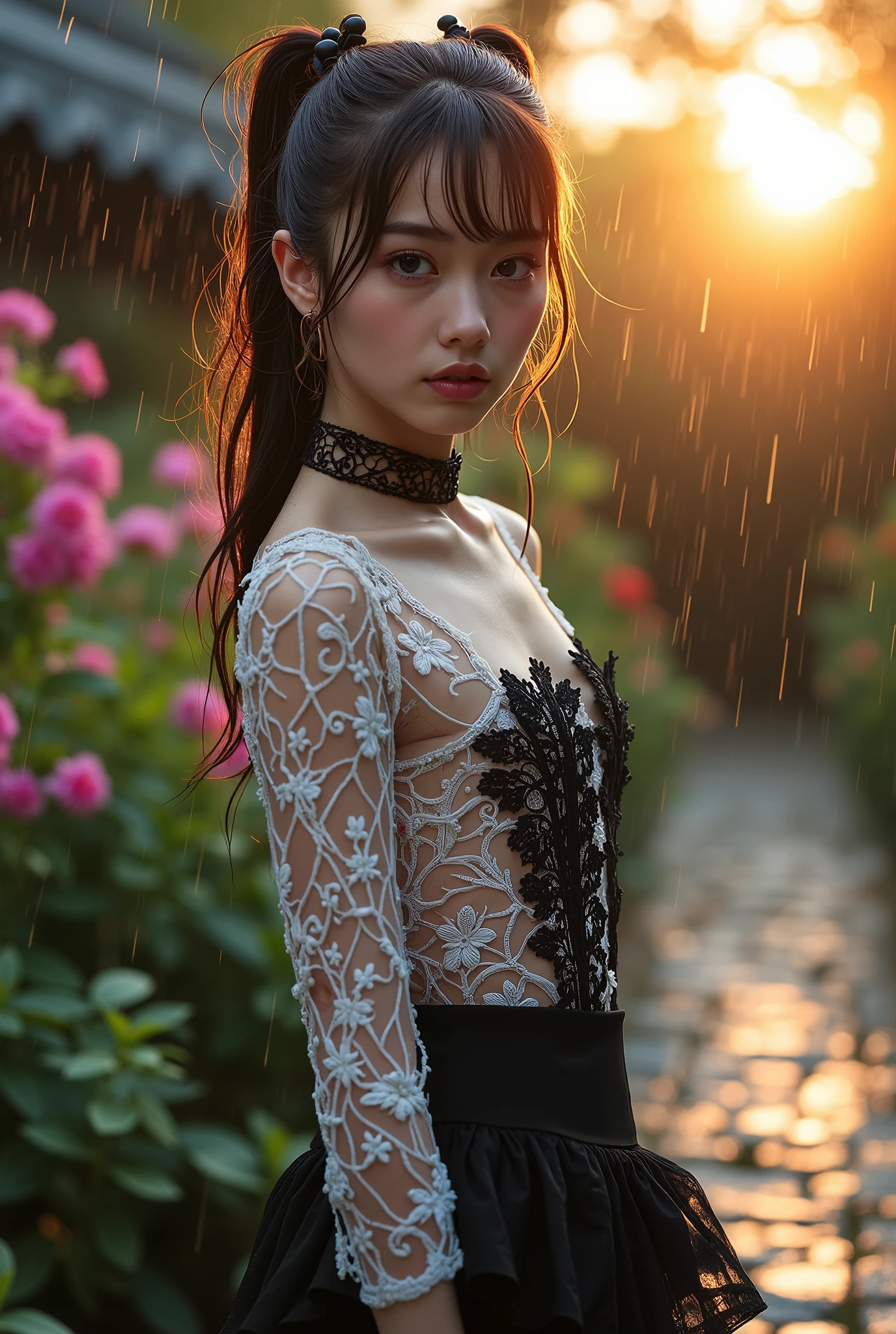 [Style: - "8k, masterpiece, realistic, Photorealistic realism, Hyper high resolution" - "highest quality,intricate ultra-detailed digital art"] (Key Directive: "Ultra-sharp human eyes with biological accuracy"){ Character: "20-year-old Caucasian woman" | Face: - "symmetrical pale skin (subsurface scattering:1.3), (vertical lip wrinkles:0.7)" - "Eyes: (acid-resistant terminology) (macro-details:1.5): Moist corneal surface (visible aqueous layer:1.2) Hyper-detailed iris stroma (brown with gold flecks) Precise limbal ring (slightly darker pigmentation:1.1) Pupil micro-texture (irregular edge authenticity:0.9) * Vasculature in sclera (subtle red veins radiating from limbus)" - "Lashes: blue individual synthetic fibers (crosshatched roots:1.2, clump-free separation)" | Hair: "white braid with split-end realism (neon light diffraction patterns)" | Pose: "combat-ready stance" | Technical Specs: (Optics: - "Zeiss Otus85mm f/1.4 lens (eye refraction calculations:1.3)" - "Shutter Speed:1/500 (freeze eye micro-movements)" - "Focus Stacking:7-point coverage on iris plane") (Post-Processing: - "Frequency separation for skin vs eye details" - "Selective sharpening: eyes200%, hair80%" - "Denoise: luminance20, color35 (retain corneal speculars)") Attire: [Top: "White mesh lace bodycon dress[(Dolce & Gabbana, Embroidered floral lace style:1.26), (elegant fashion, intricate details:1.28)[Bottom: "Gothic punk style ruffled black skirt ((Intricately decorated, multi-layered lace with black spiderweb:1.3))(fluorescent embroidered lace texture, shine and shine:0.6)"] Environment: "garden street at sunset (((rain-slick cobblestones), colorful flowers, cherry blossoms))" | Lighting: - "Cinematic clarity and global illumination")(Post-Processing: "Specifications: (DPF: "deep, f/1.8, distinct garden in the background") (Post-production: "chromatic aberration: 0.7") (Rendering engine: "Unreal Engine 5 path tracing, 16K texture maps") }