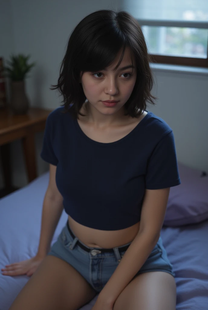 (8K, Realistic, RAW Photos, Highest quality: 1.4),Japanese idol-style beautiful girl,1 person,18-year-old,(Hairstyle(Short Bob,Black)),She has her hair tucked behind her ears,Large, clear grey eyes,Long eyelashes,She has small piercings in her ears,Fuller lips,(Tunic blouse),barefoot,Her Room,Are standing,Front view,Full body portrait