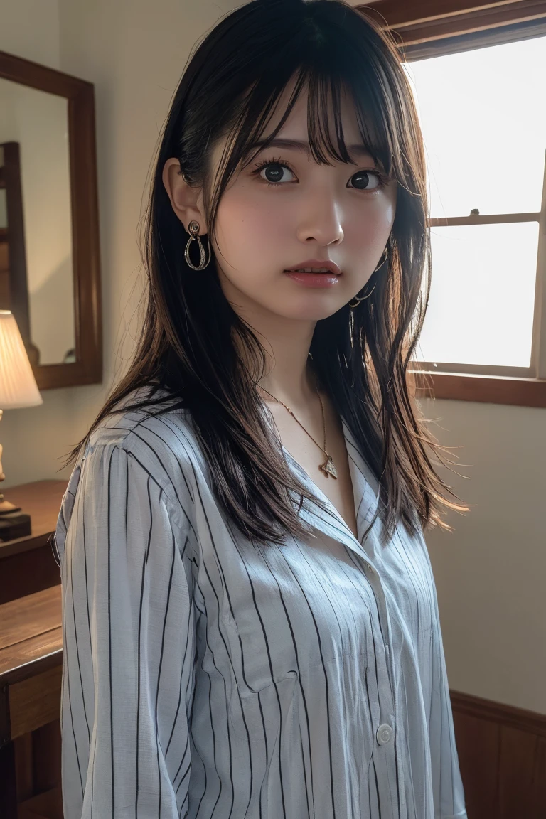 (Highest quality:1.4),(masterpiece:1.4),(Realistic:1.4),(Realistic:1.2),(超High resolution, RAW Photos:1.4),(High resolution, Ultra-detailed:1.2),(8k:1.2),View your viewers,Cinematic photography,One girl,skeletally correct,Black-haired woman,Woman in her early 20s,(Small earrings,necklace,Wide-open chest blouse),(Western-style building interior,Dimly lit room,The lamplight shines on my cheeks)