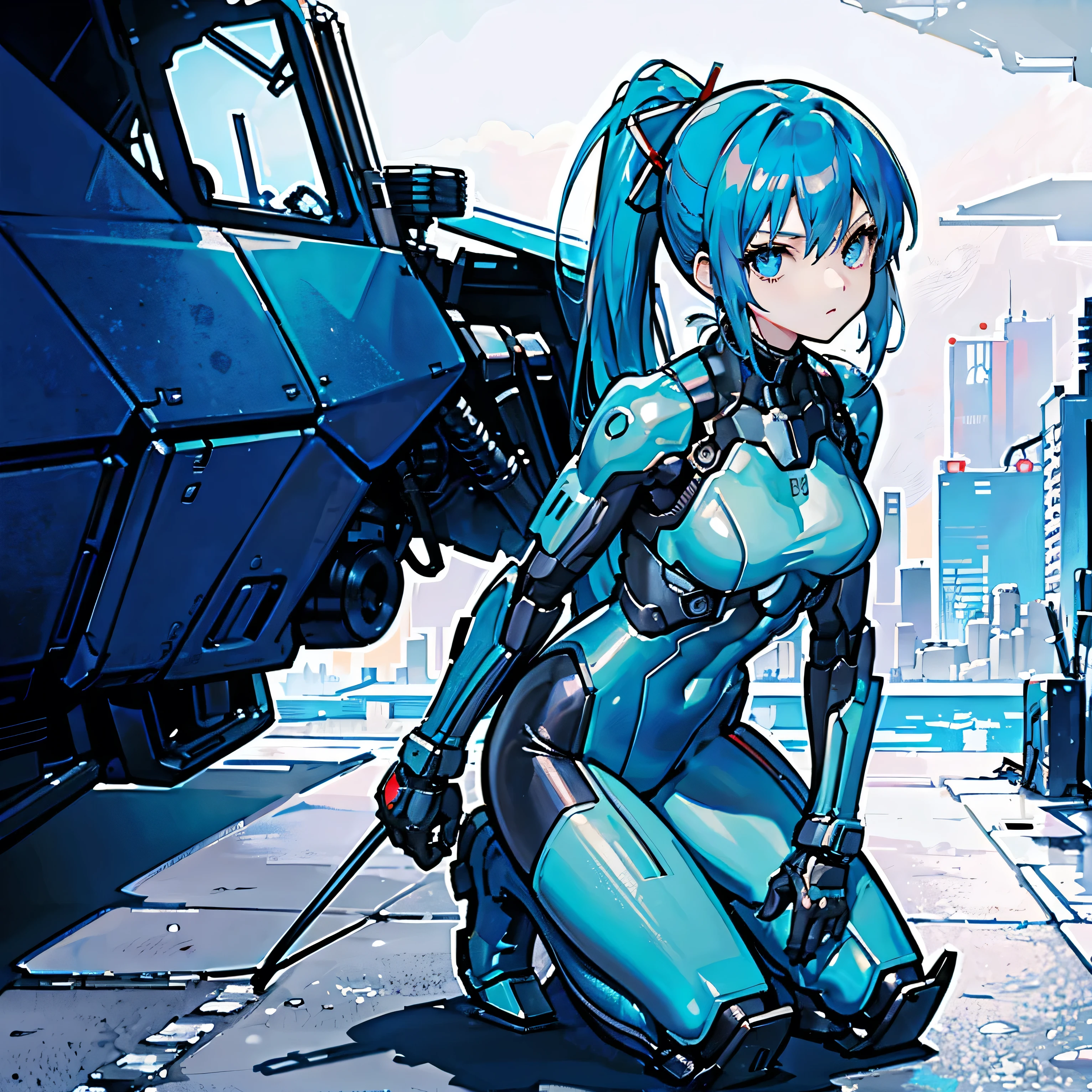 blue hair、masterpiece、Best Quality、1 girl、medium breasts、((album cover))、light on face、Slender Body、 blue costume on the chest、exoskeleton、Metal Gear、cyberpunk style、ponytail、Gundam Pilot、long hard boots 、Kneeling pose