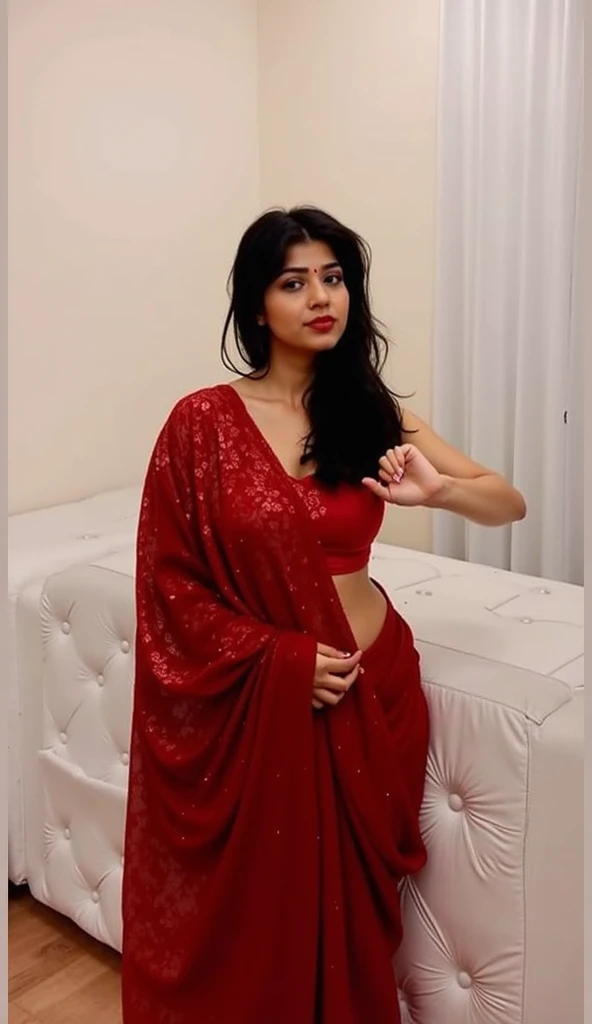 Hot lady, wearing red saree above her knees, full body pic