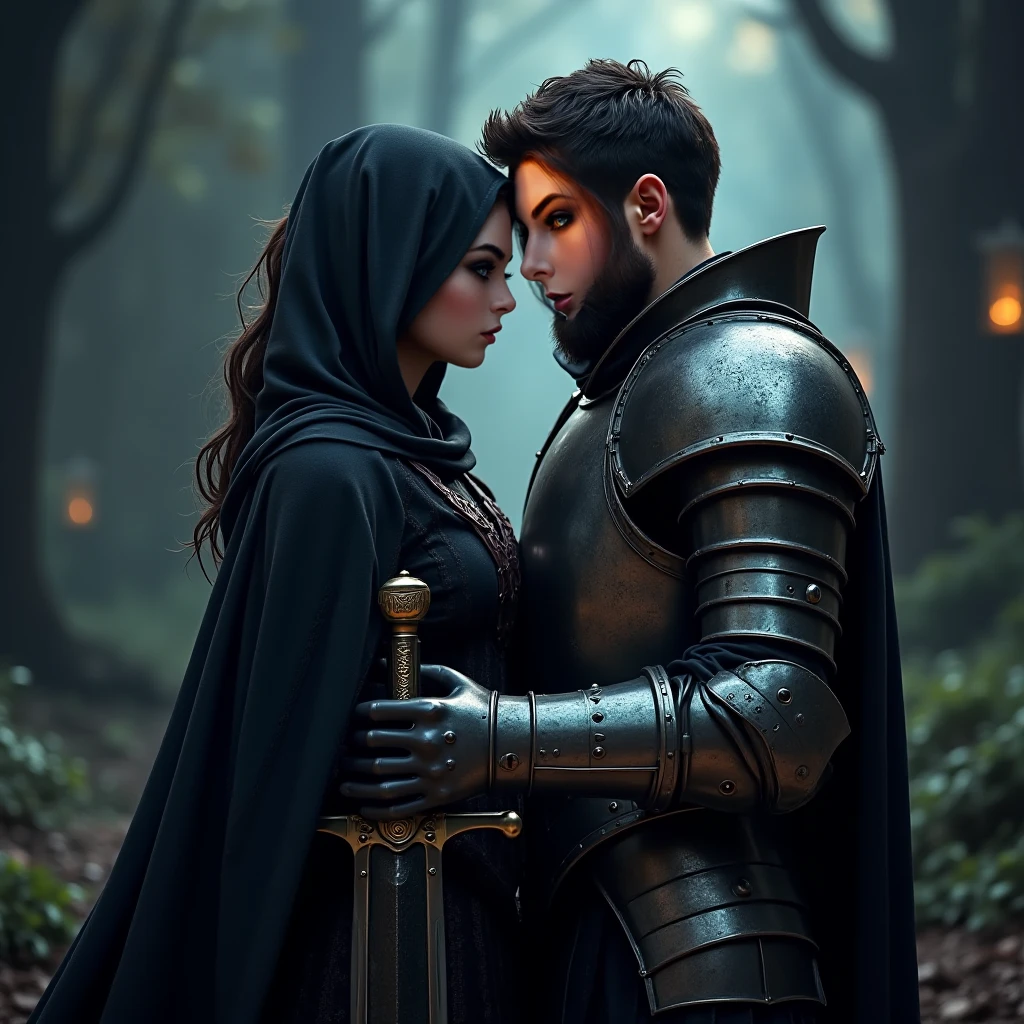 - Young ferocious handsome bandit Leader in his 20's with his young pregnant wife in her 20's. They are dressed in a medieval fantasy setting. The bandit wears dark, sleek armor with a hood and cloak, his face partially concealed, and carried a dagger. The woman is dressed in simple, medieval peasant attire. The background depicts a dense forest or a rustic bandit camp at twilight, with an air of tension and unexpected compassion."