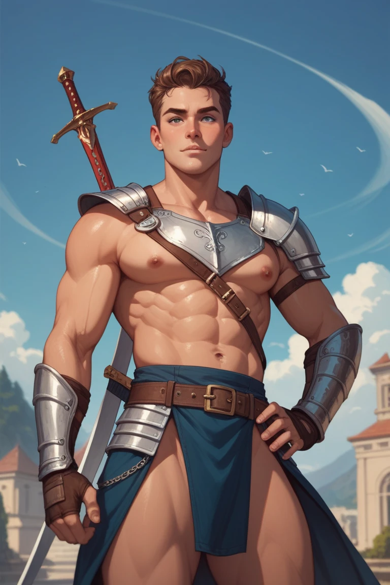 best quality, masterpiece, final fantasy 8, cosplay, squall leonhart, seifer almasy, medieval prince outfit, blue hair, sexy, gay, homoerotic, big bulge, visible penis line, best view, perfect fingers, sweaty bodies, no watermark, no logo, no signature