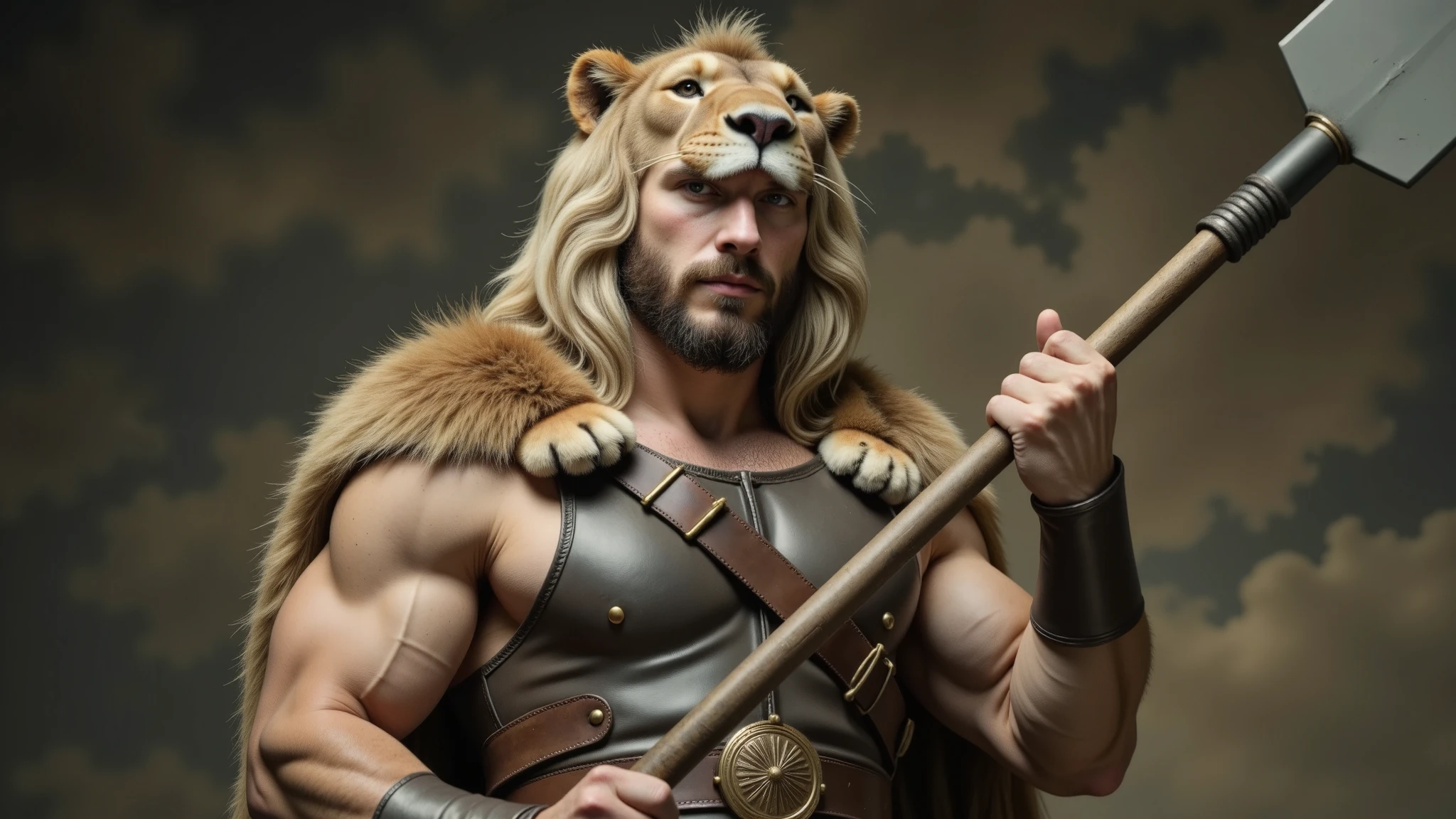 "Hercules wearing dark brown leather armor and a lion's fur cloak, with the lion's paws tied around his neck. His helmet is the head of a lion, as seen in classical depictions. He is holding an iron club with both hands.