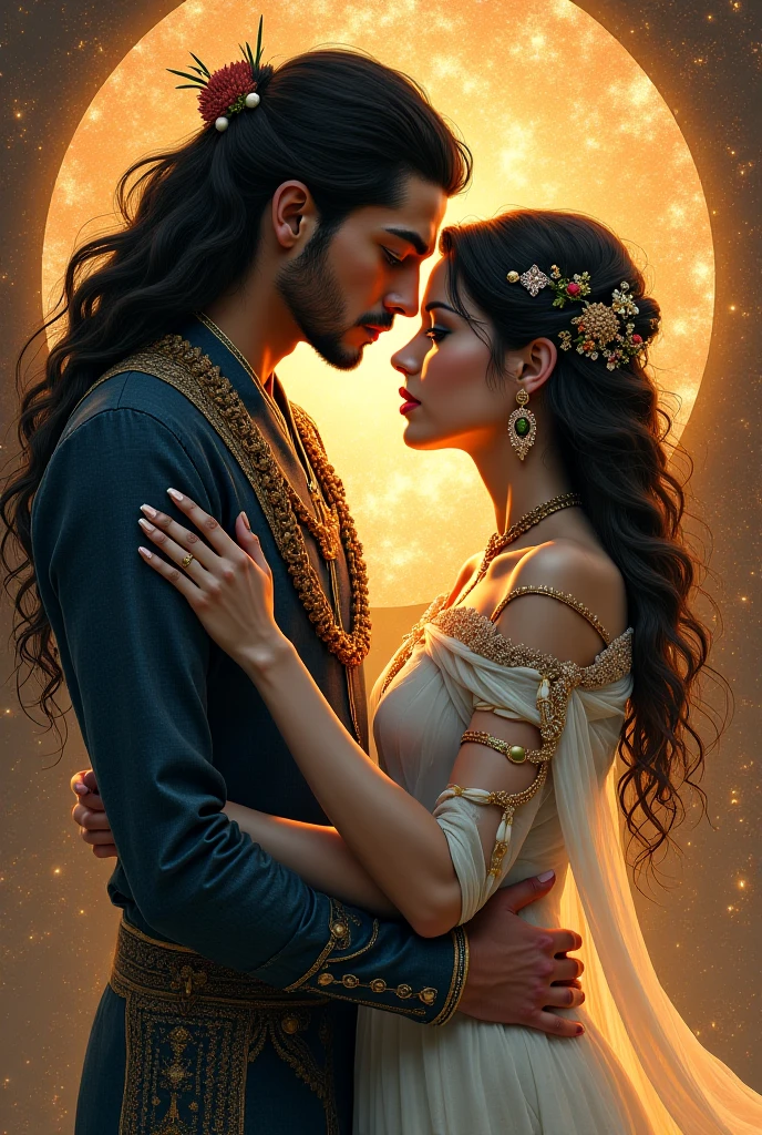 Novel in celestial landscape, a beautiful young darkskin couple with (((a long black hair young judge))) with (((a young imperial dangerous warrior with long black curly hair))), ennemies, very beautiful, perfect faces, whole body, romantic scene, romantic Way, sexy couple, 8K, extremely detailed, (high quality, realistic, photorealistic: 1.37), Full body, ideal proportions and defined complexion, meticulously crafted features, unreachable beauty, perfection, artistic masterpieces, vivid realism, hyper-detailed sculptures, life-like forms, truly awe-inspiring, impeccable craftsmanship, pure radiance, ethereal beauty, delicate contours, striking poses, sublime beauty, subtle nuances, dynamic compositions, vibrant colors, perfect lighting, soulful expressions, celestial aura, majestic presence, dreamlike atmosphere, unmatched gdetailed octane render trending on artstation, 8 k artistic photography, photorealistic concept art, soft natural volumetric cinematic perfect light, chiaroscuro, award - winning photograph, masterpiece, oil on canvas, beautiful detailed intricate insanely