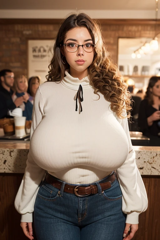 Caucasian, (24mm wide angle lens:1.5), (medium cowboy shot), side view. (candid), (casual), fun, soft lighting, backlit, younger, extremely tall teenage Julia Roberts aged 18, standing behind bar, aged 18, cute, joy, (looking away), sfw, (very extremely tall teenager:1.5), (taller than other people:1.5), (6foot7 tall:1.5), (very extremely long torso:1.5), (very extremely long neck:1.5), (skinny), (arafed), (slim), coffee shop, trendy, latte, many customers, busy, barista, crowd of diverse people, many different people, hidden symmetric breasts, tucked-in very long plain loose long-sleeve scoop-neck shirt, bursting shirt, plain loose denim pants, belt, detailed beautiful bright symmetric eyes, auburn hair, (big huge enormous massive colossal gigantic sagging breasts:1.45), (topheavy:1.45), (big flowing extremely long wavy hair:1.4), bangs