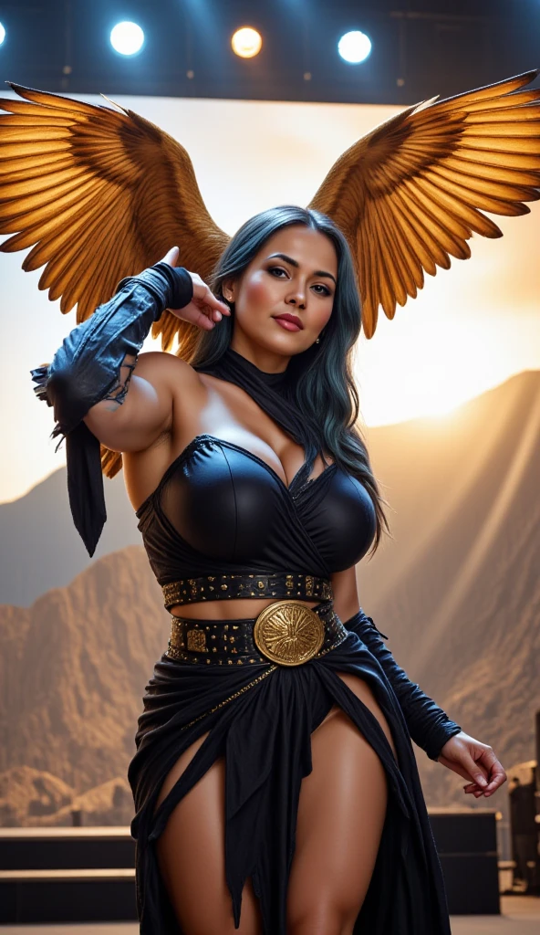 Lisa Ann: The evil nun, Demon horn, Demon wings on the head , His hands preparing a sphere of purple energy, diabolique, insidieux, Lightning strikes the post-apocalyptic ruins of a city , Context of the Satanic Church