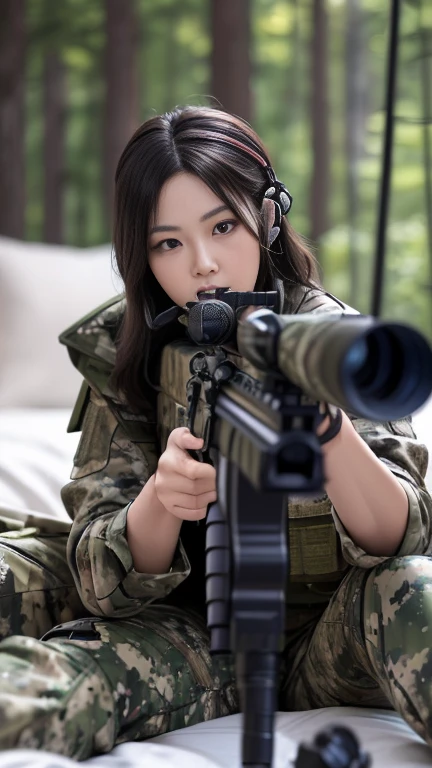 Sexy asian soldier, wearing body-fit camouflage tank top and panty, aiming assault rifle , at battle field, High quality photo.