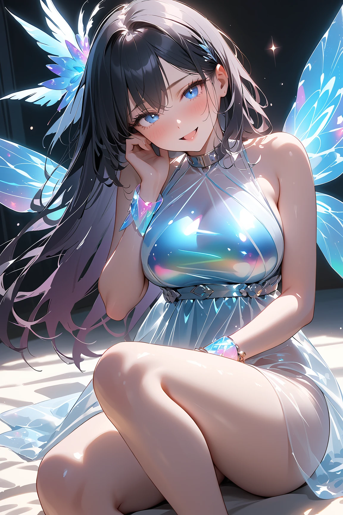masterpiece, best quality,high resolution, 1 female, aldult, long hair. look_exist_audience, High, perfect stexisture, long time, Bangs, chromexistic dispersion, transparent_plastic, Polychromexistic prism effect, iris/Opalescence, glowing color, aluminum foil, glowing atmosphere,, moonlight, There are stars in the eyes, butterfly style, iris, Liuli, Polychromexistic prism effect, Rainbow core, iris/Opalescence, glowing atmosphere, Very beautiful dress