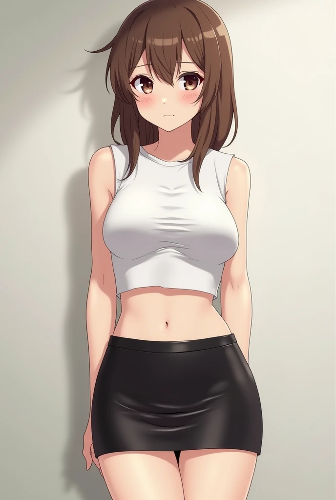 Beautiful young woman is looking at the viewer,1girl,short black hair,beautiful light brown eyes,sexy black open belly shirt ,sexy black and blue pants,big breasts,sexy thighs,sexy pose,cute hip,light serious face,white background,anime,masterpiece,8k,very high quality,standing pose