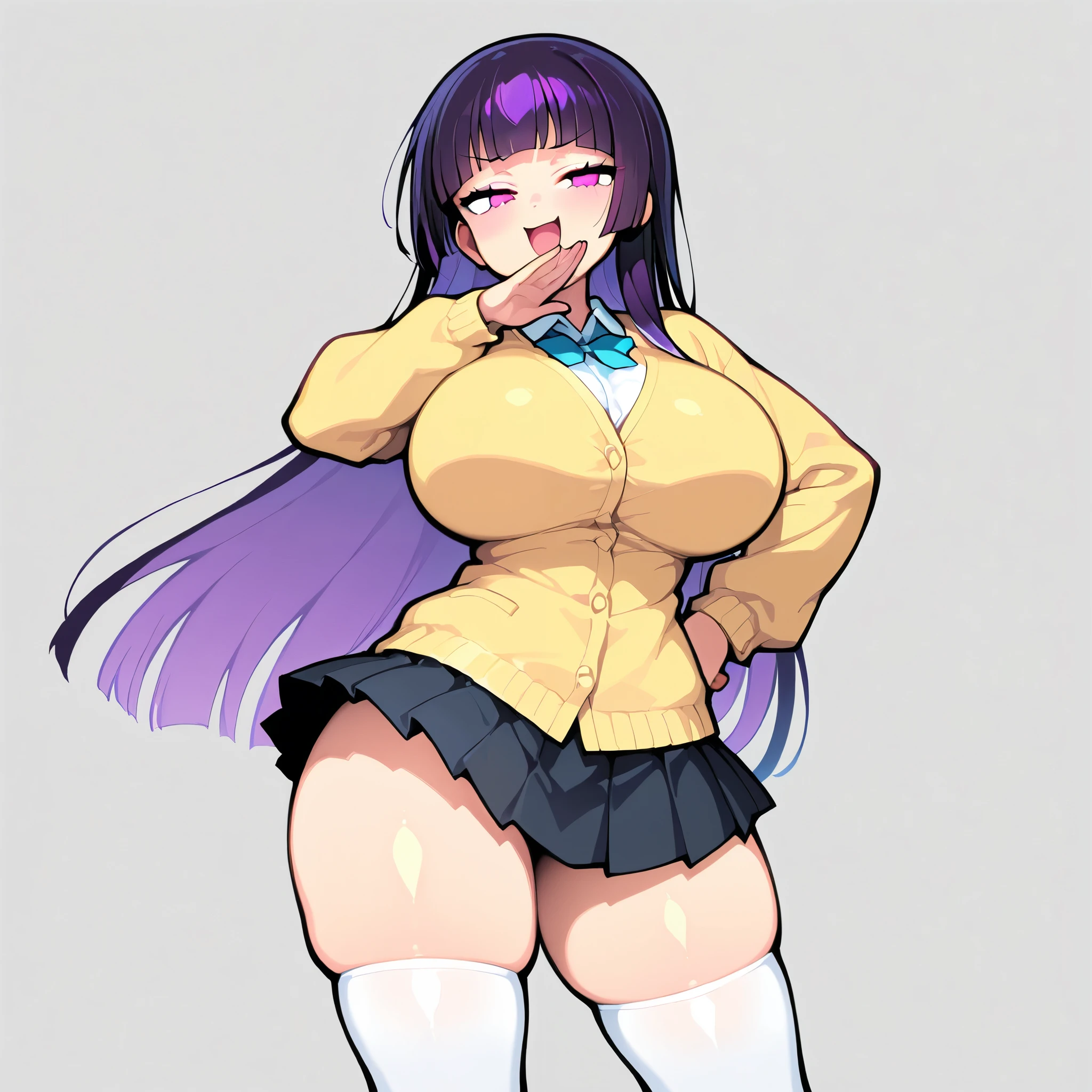 A girl, E-girl, alternative girl, childish face, small, short, low height, she has an unrealistic slender bulky body, unrealistic body, , extremely giant and voluminous breasts, extremely giant and voluminous breasts, extremely thick and voluminous thighs, fat thighs, toned hips, extremely wide and voluminous hips, , thin waist, big, voluminous hairl, she has long, wavy black hair with purple highlights , yellow eyes, she is wearing a Japanese school outfit, revealing clothes, short skirt, big neckline, cute, cute face, she is wearing fishnet stockings , top view of it